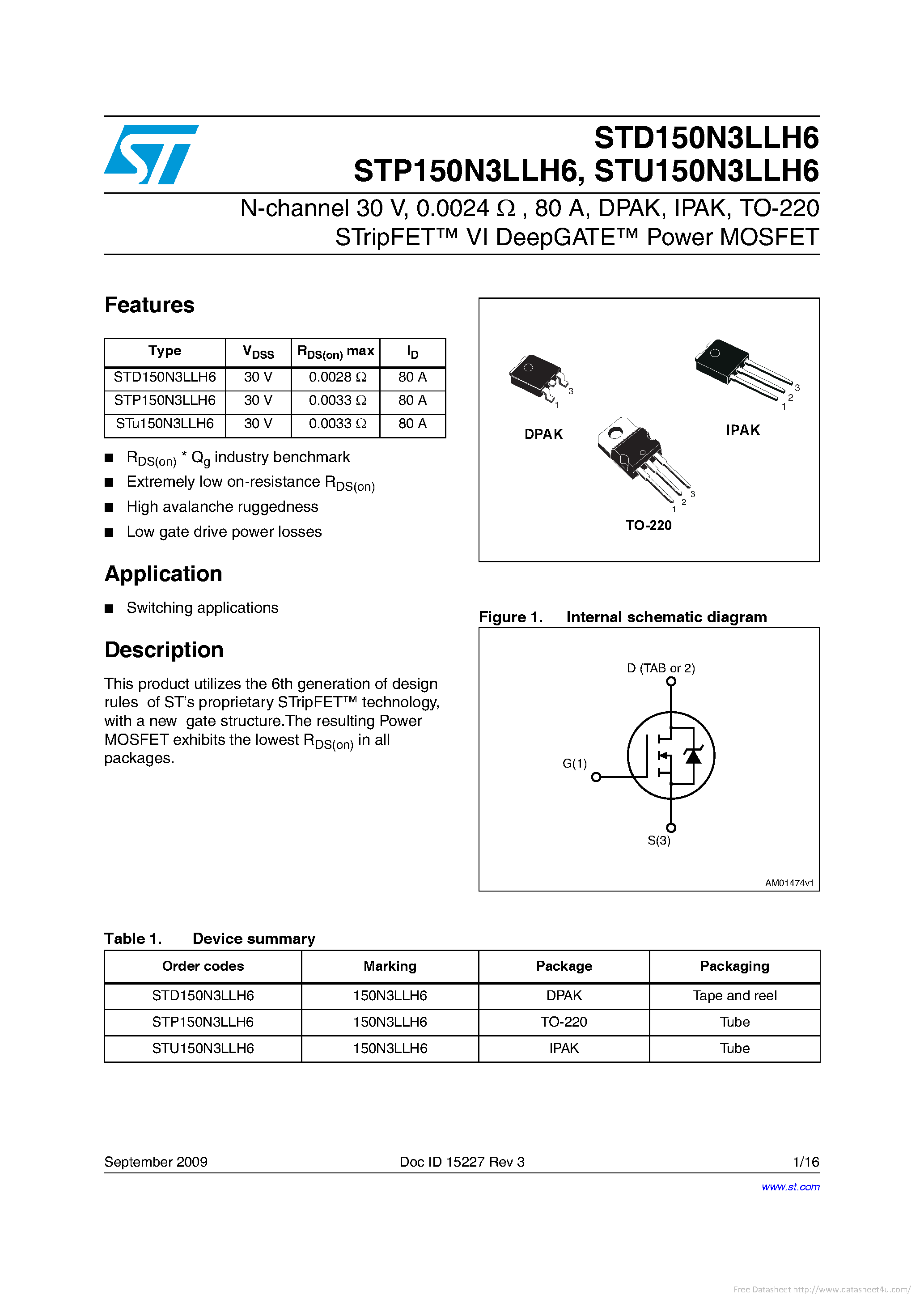 Datasheet STD150N3LLH6 page 1 Datasheet STD150N3LLH6 - page 1