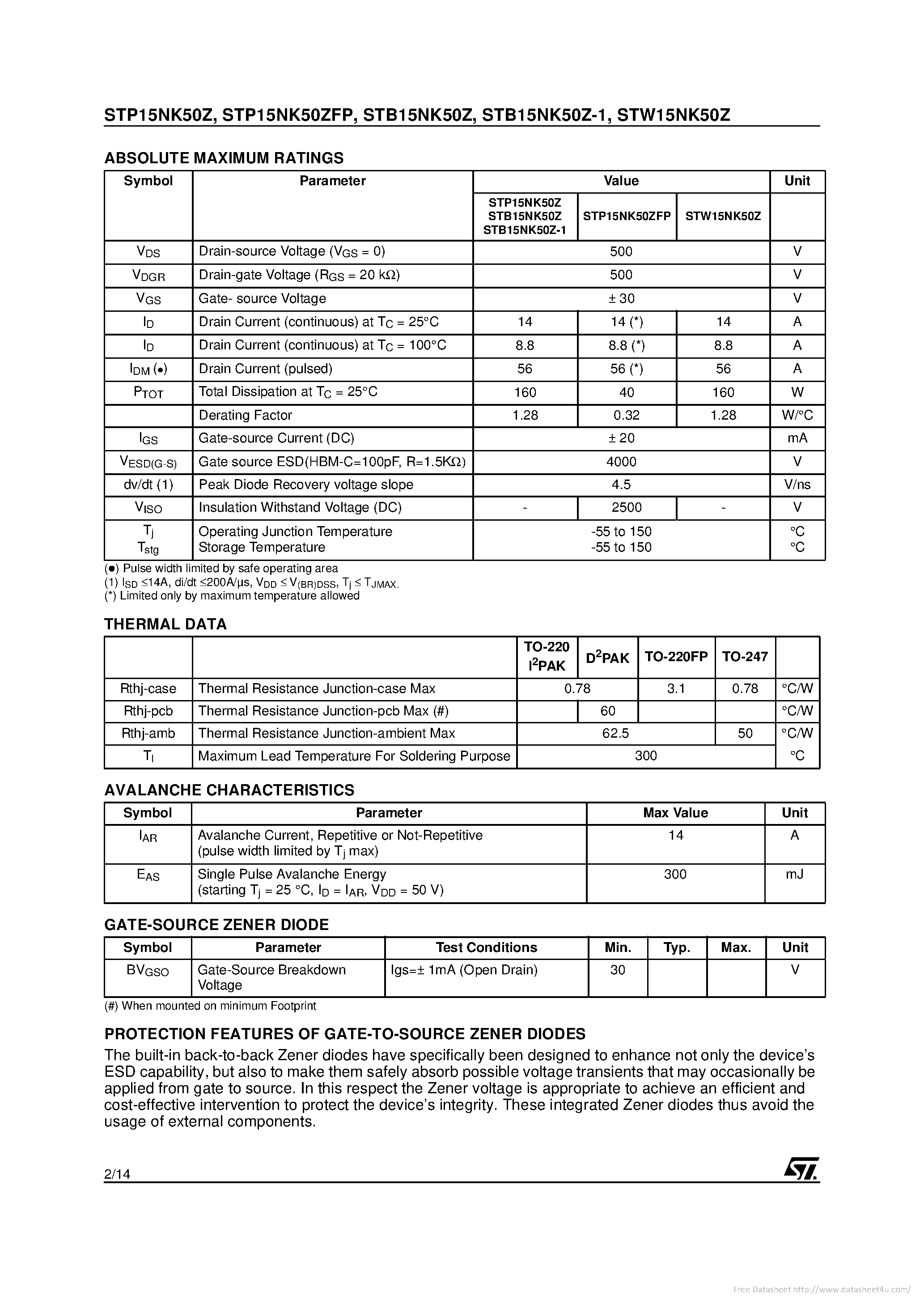 Datasheet STB15NK50Z page 2 Datasheet STB15NK50Z - page 2