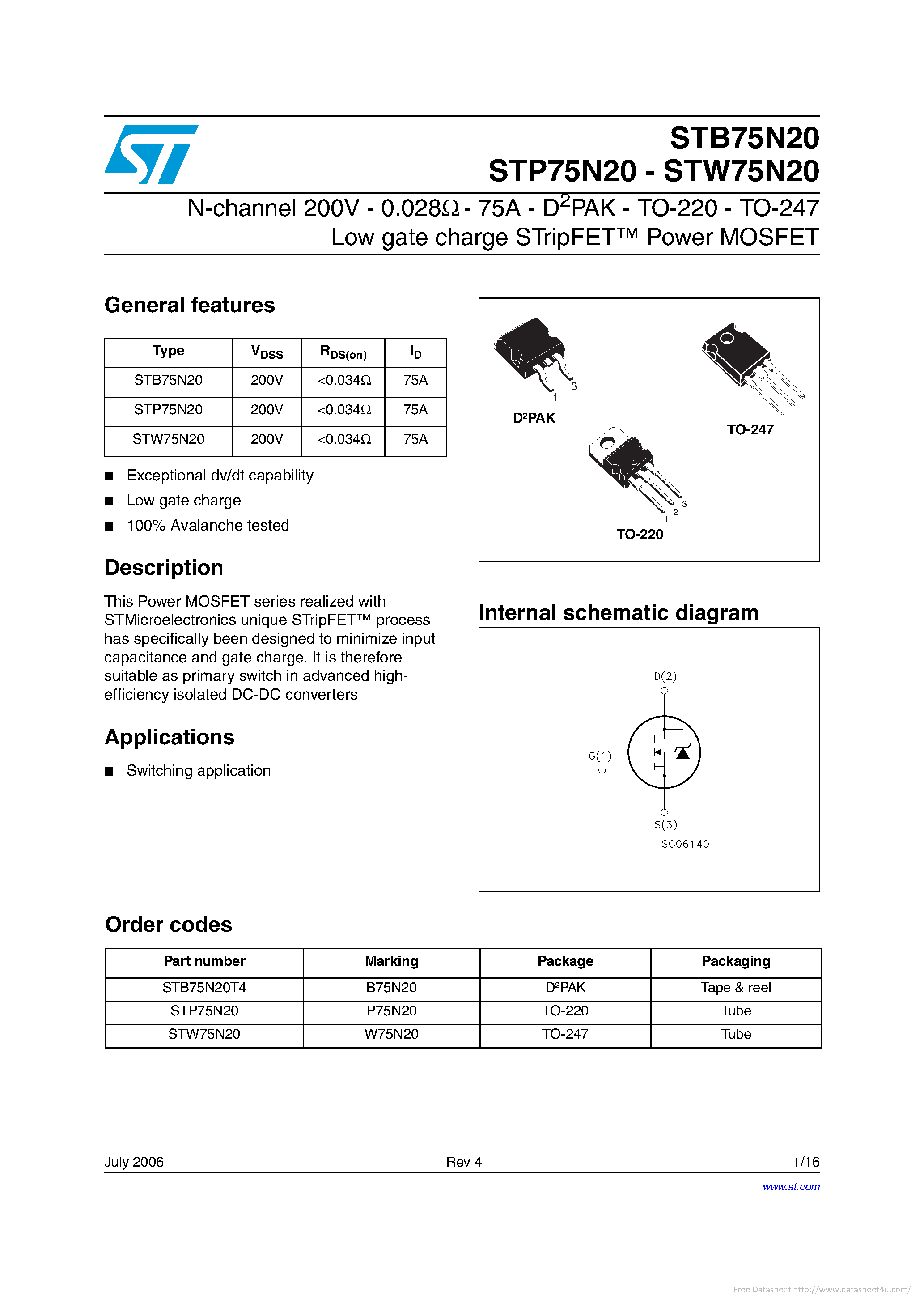 Datasheet STP75N20 - page 1