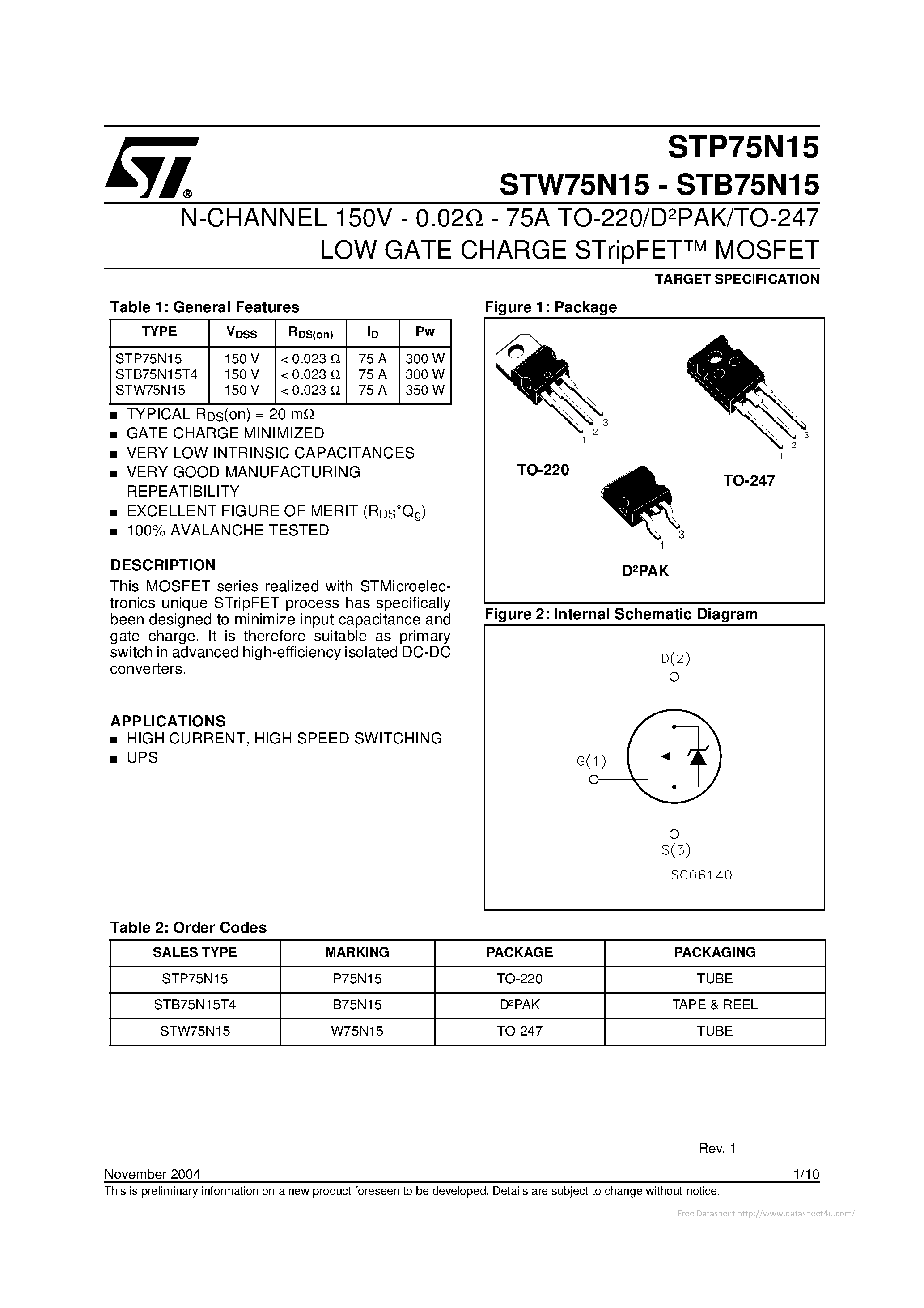 Datasheet STP75N15 - page 1