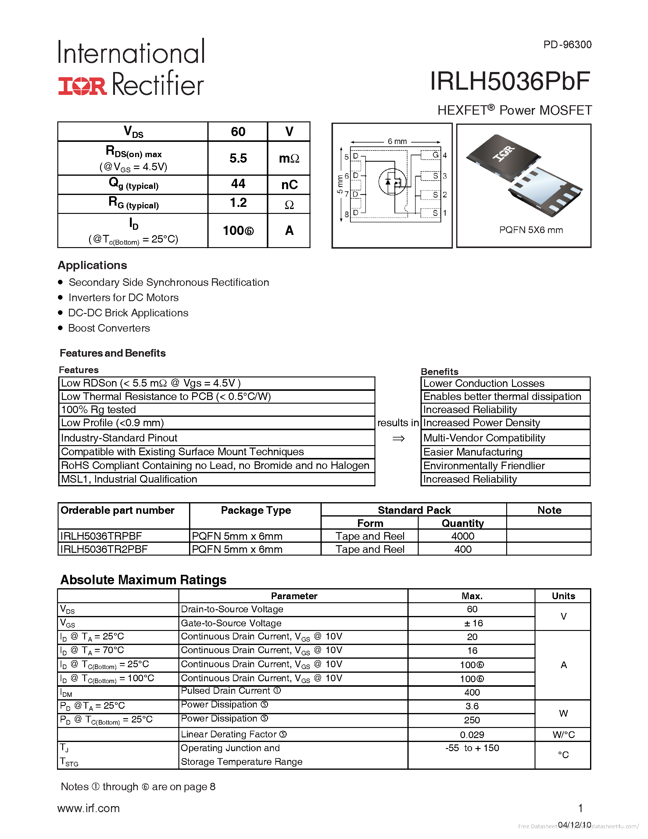 Datasheet IRLH5036PBF page 1 Datasheet IRLH5036PBF - page 1