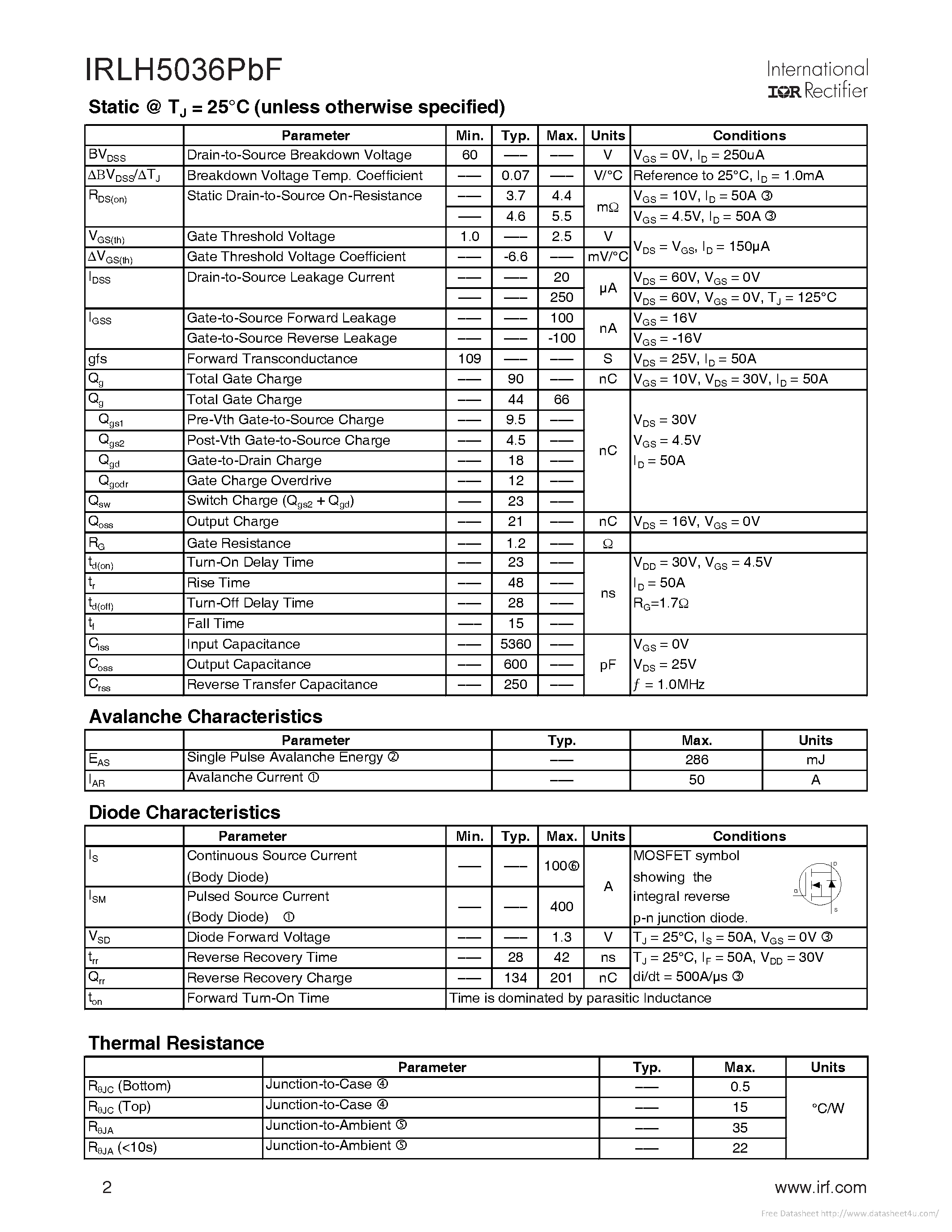 Datasheet IRLH5036PBF page 2 Datasheet IRLH5036PBF - page 2