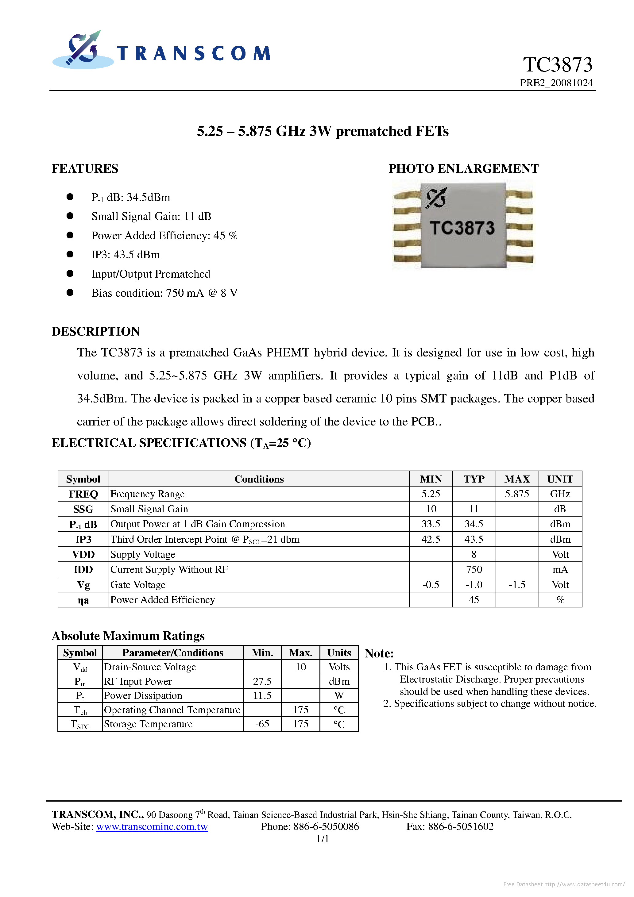 Datasheet TC3873 - page 1