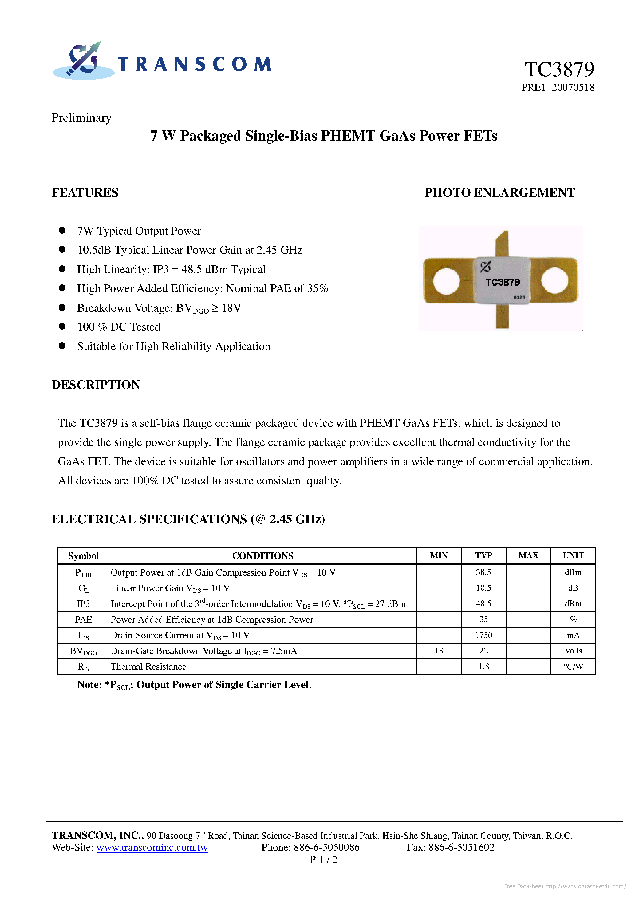 Datasheet TC3879 page 1 Datasheet TC3879 - page 1