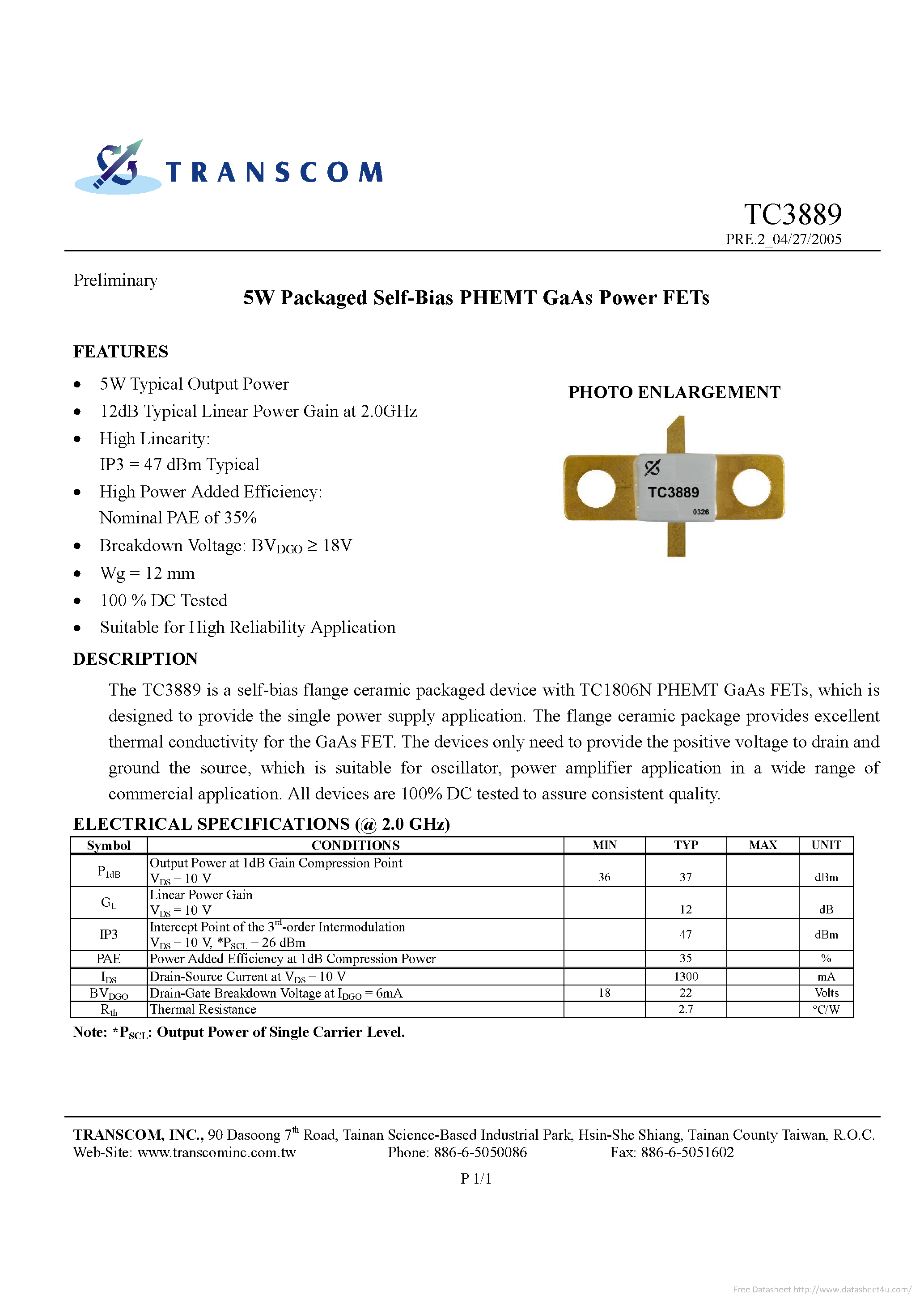 Datasheet TC3889 page 1 Datasheet TC3889 - page 1
