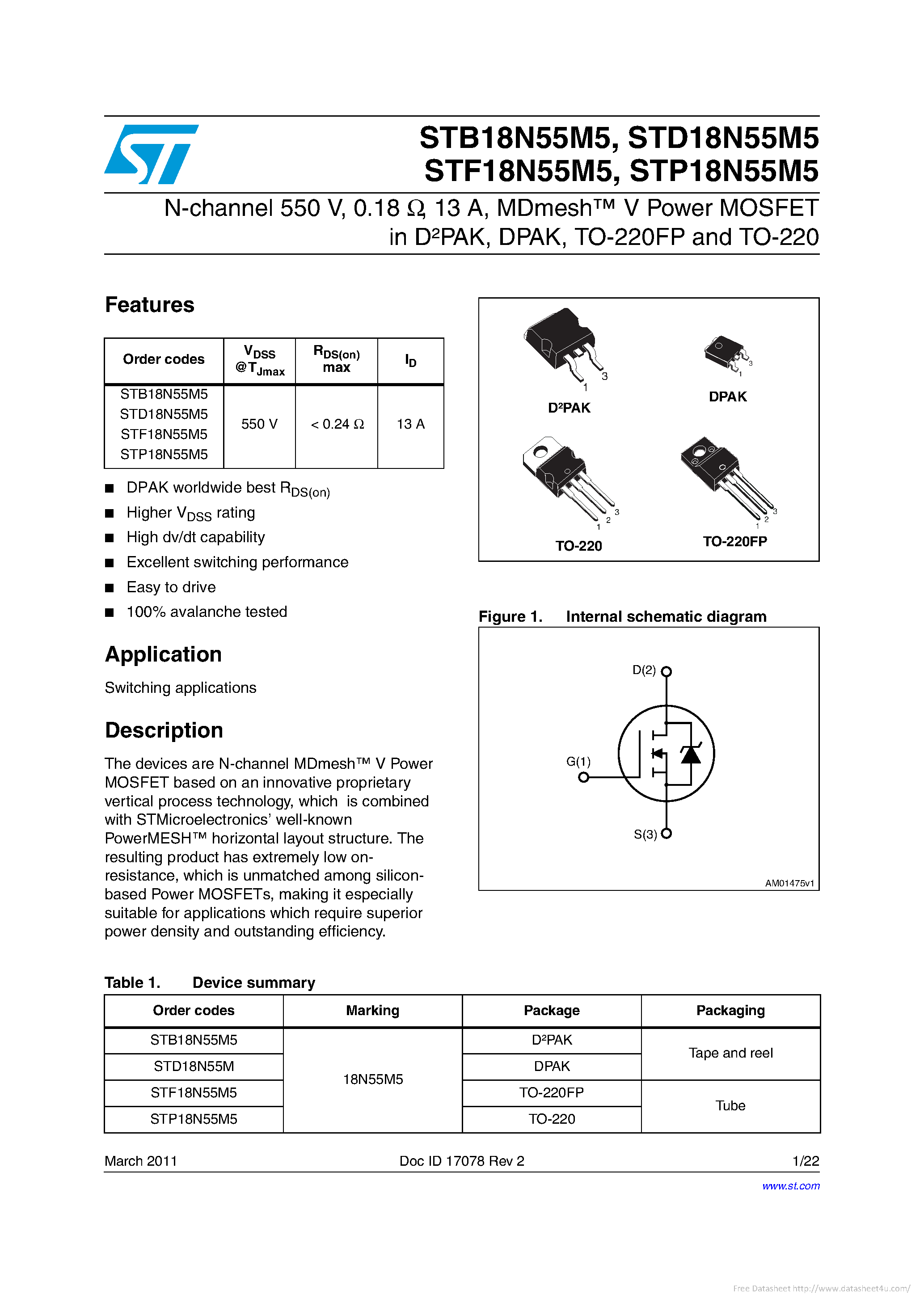 Datasheet STD18N55M5 - page 1