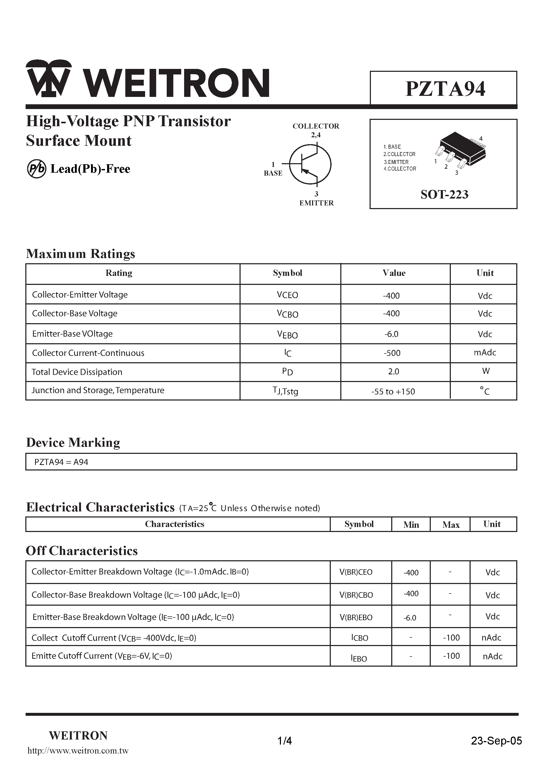 Даташит на микросхему PZTA94 страница 1 Даташит PZTA94 - страница 1