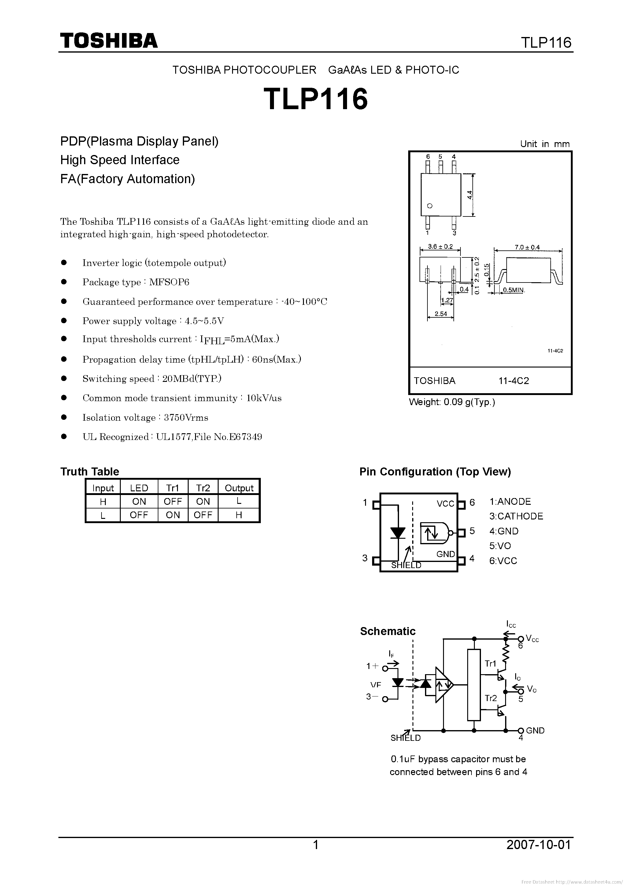 Datasheet TLP116 page 1 Datasheet TLP116 - page 1