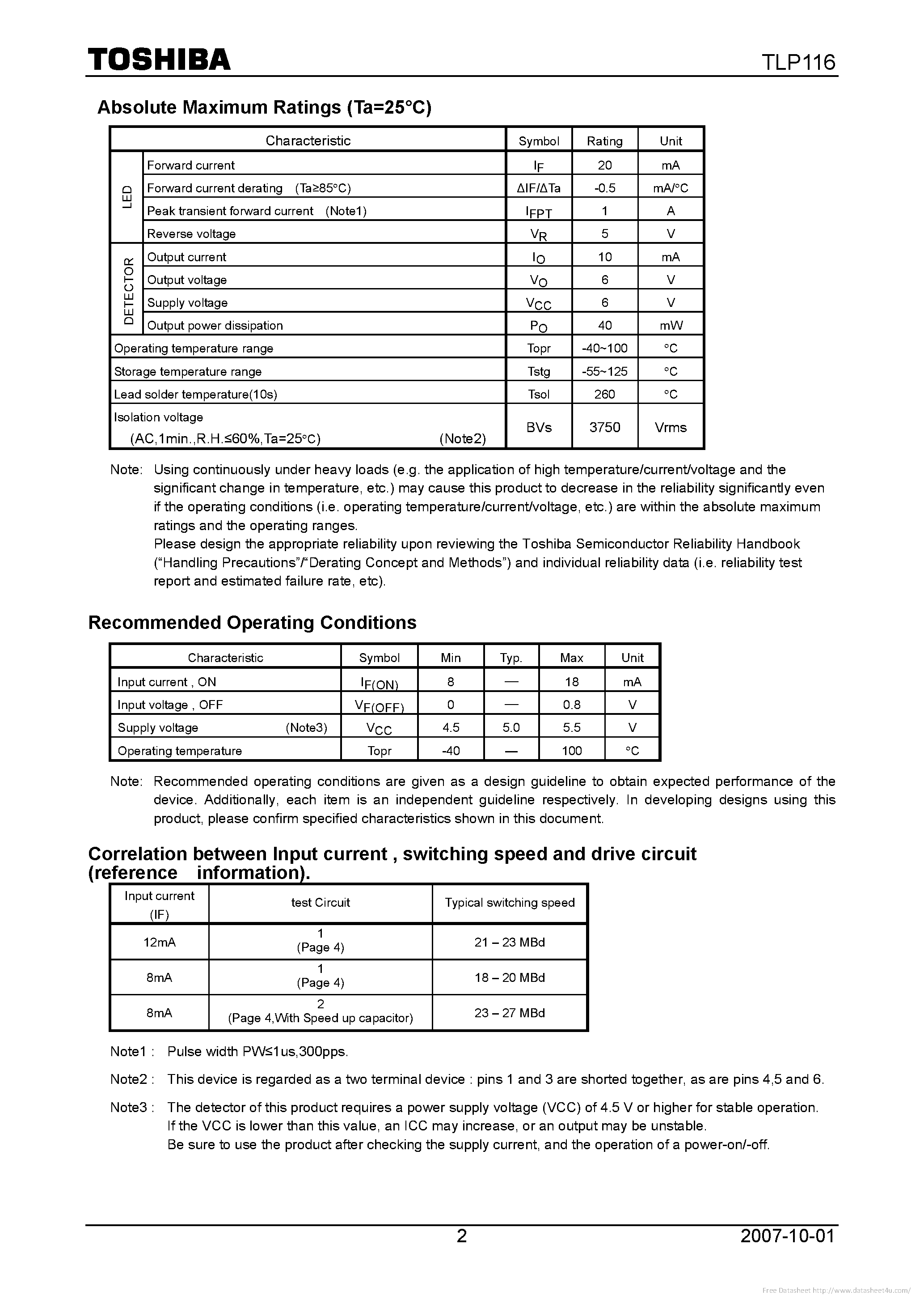 Datasheet TLP116 page 2 Datasheet TLP116 - page 2