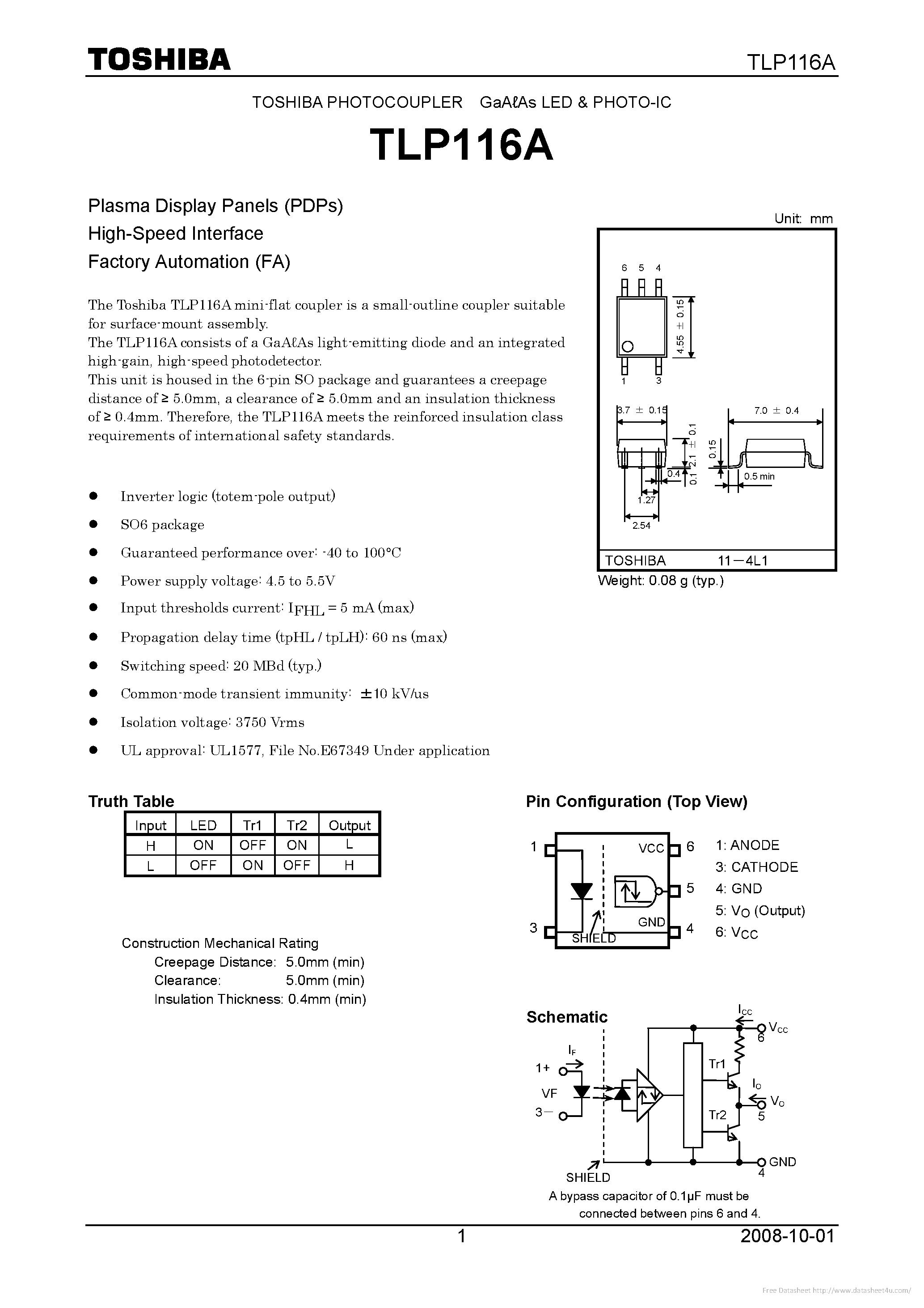 Datasheet TLP116A page 1 Datasheet TLP116A - page 1