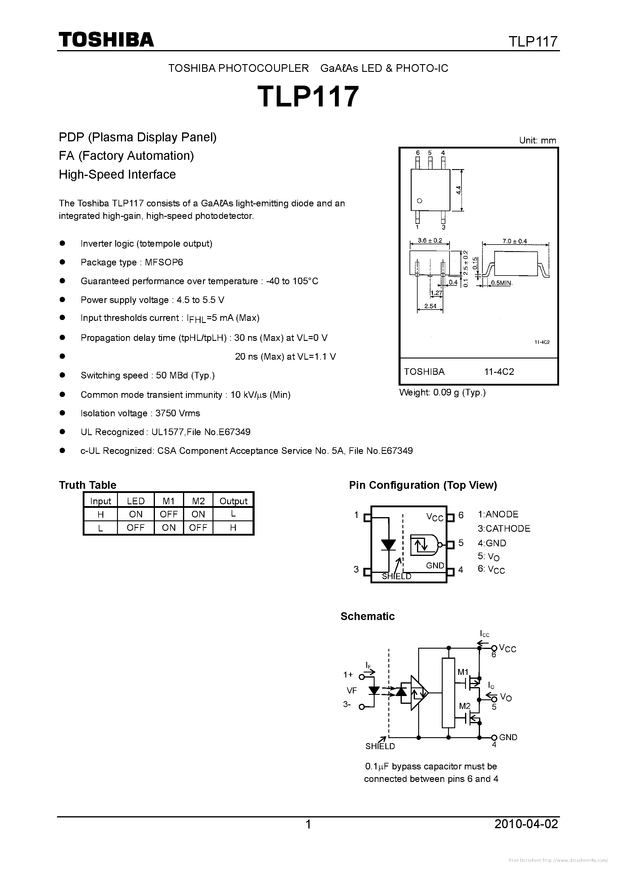 Datasheet TLP117 page 1 Datasheet TLP117 - page 1