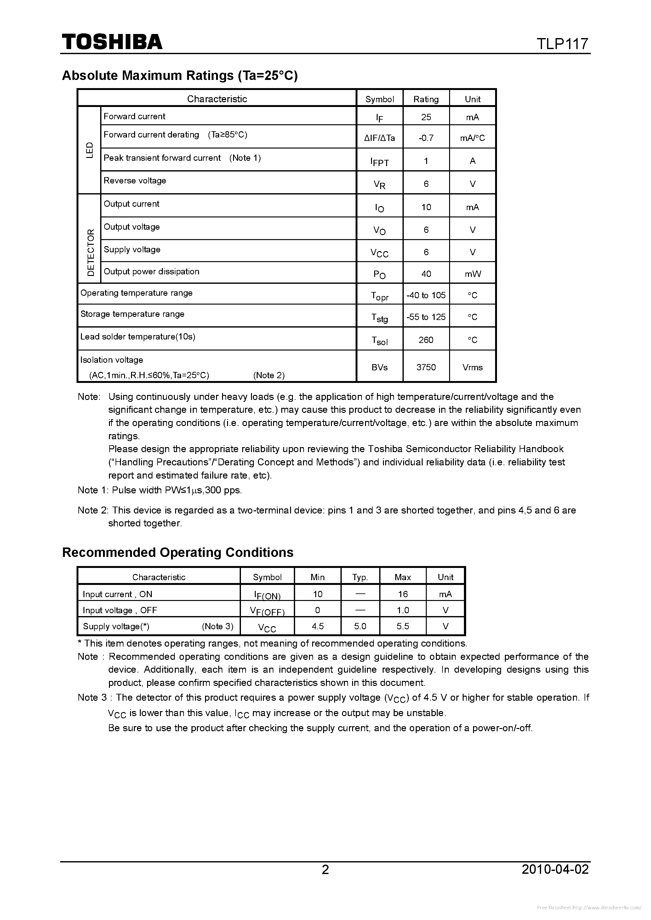Datasheet TLP117 page 2 Datasheet TLP117 - page 2