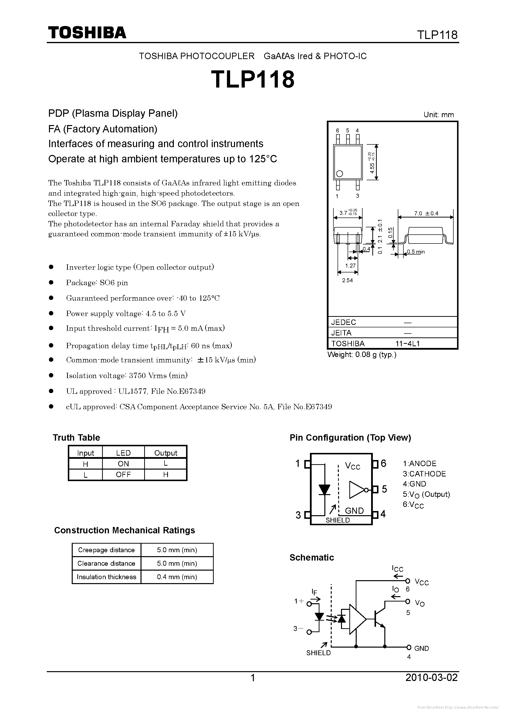 Datasheet TLP118 page 1 Datasheet TLP118 - page 1