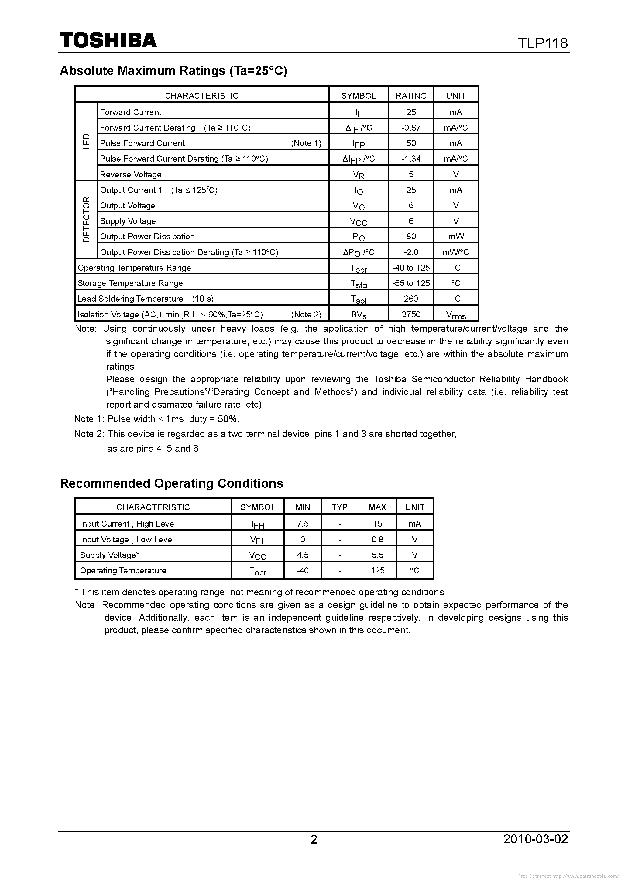 Datasheet TLP118 page 2 Datasheet TLP118 - page 2
