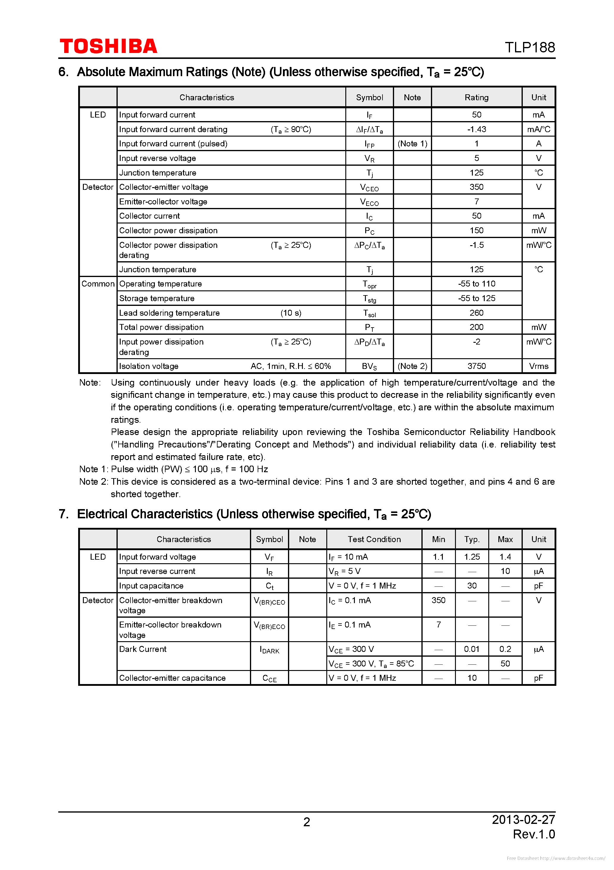 Datasheet TLP188 page 2 Datasheet TLP188 - page 2