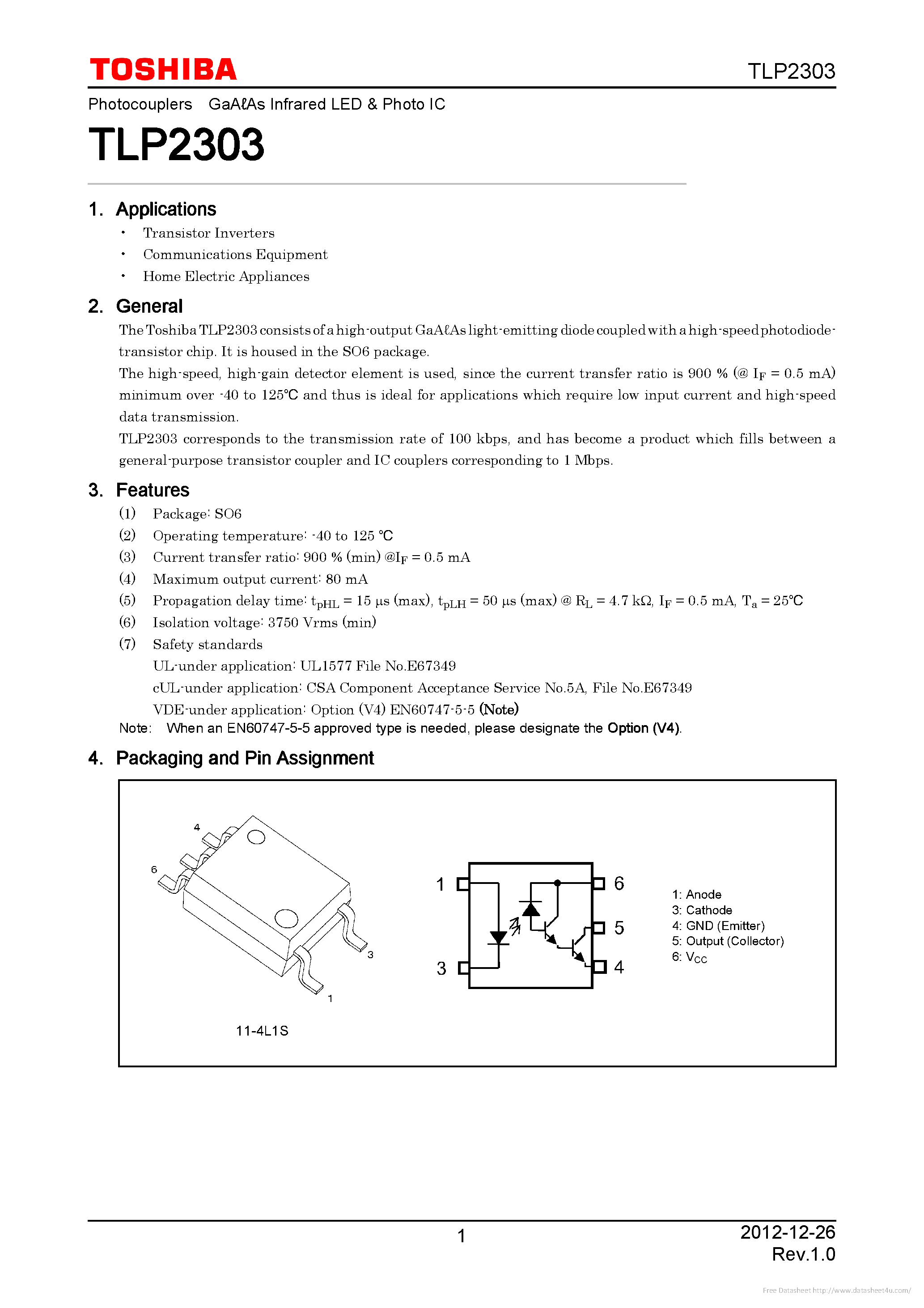 Datasheet TLP2303 page 1 Datasheet TLP2303 - page 1
