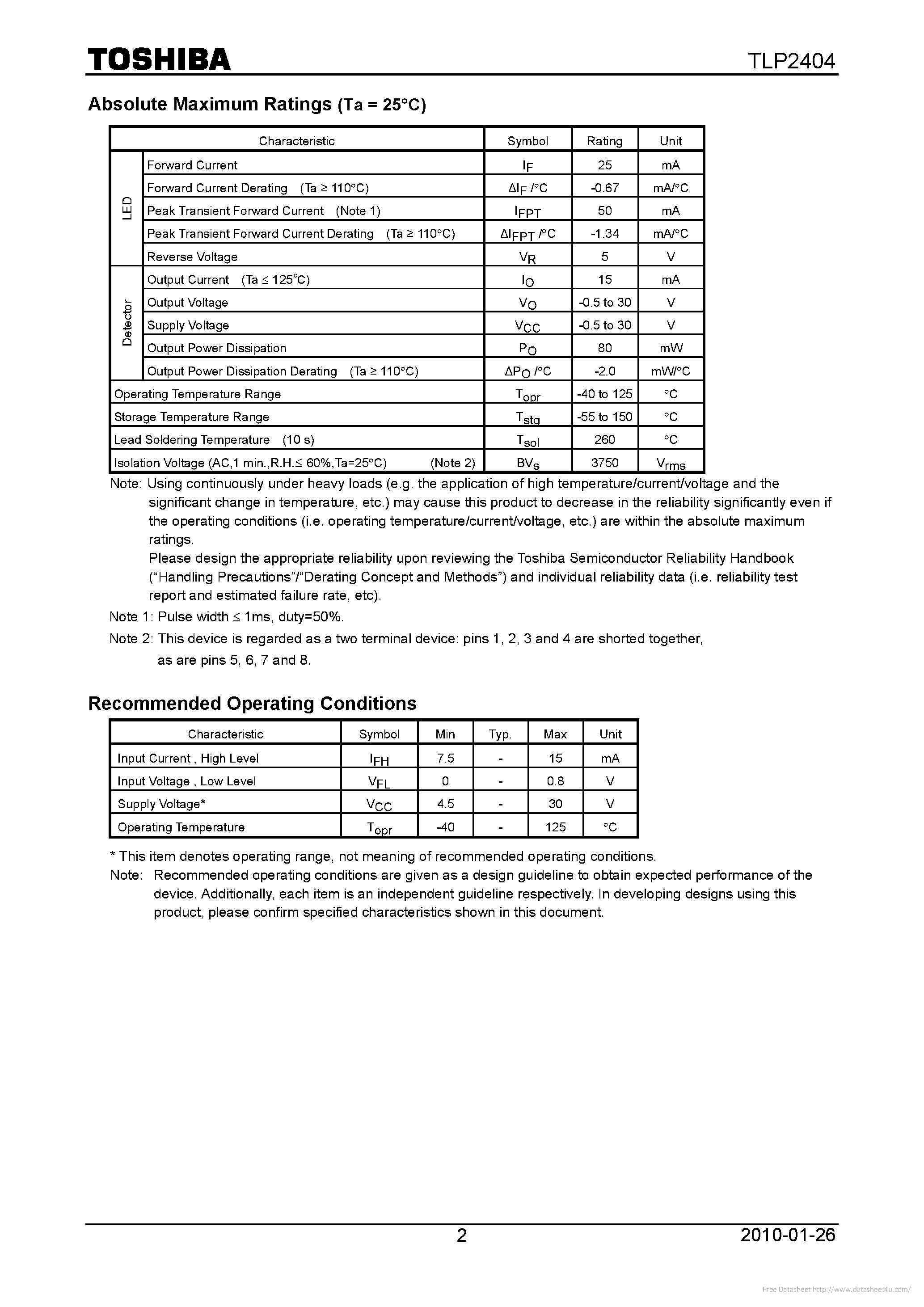 Datasheet TLP2404 page 2 Datasheet TLP2404 - page 2