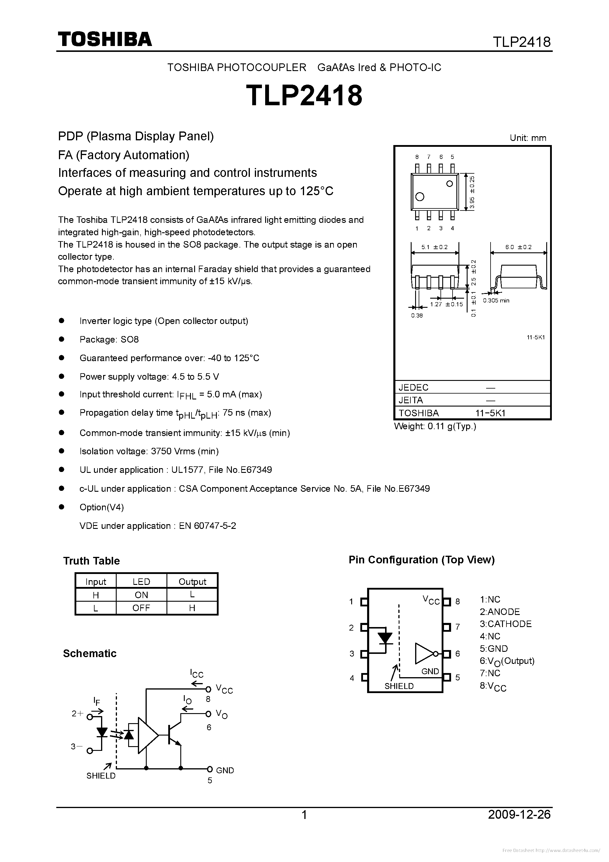 Datasheet TLP2418 page 1 Datasheet TLP2418 - page 1