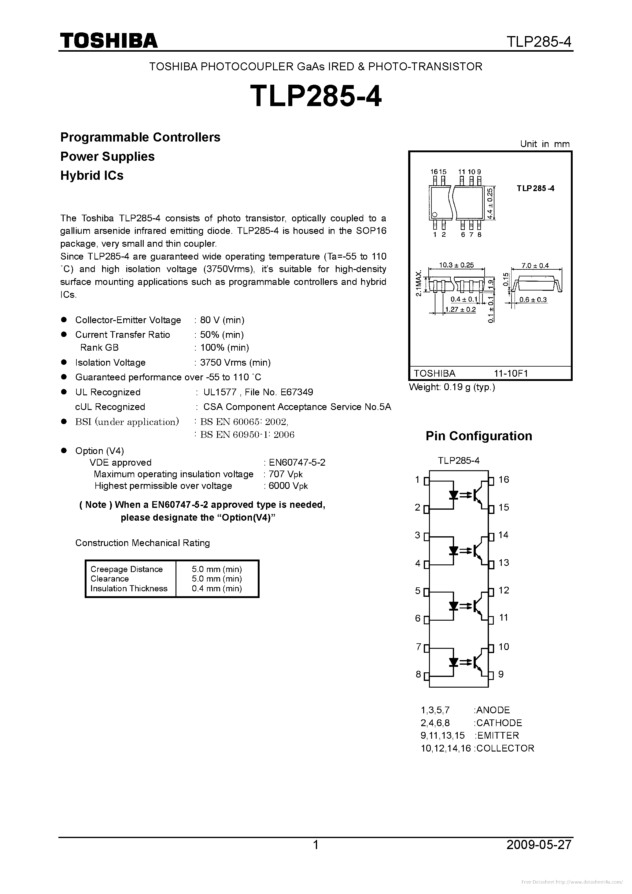 Datasheet TLP285-4 page 1 Datasheet TLP285-4 - page 1
