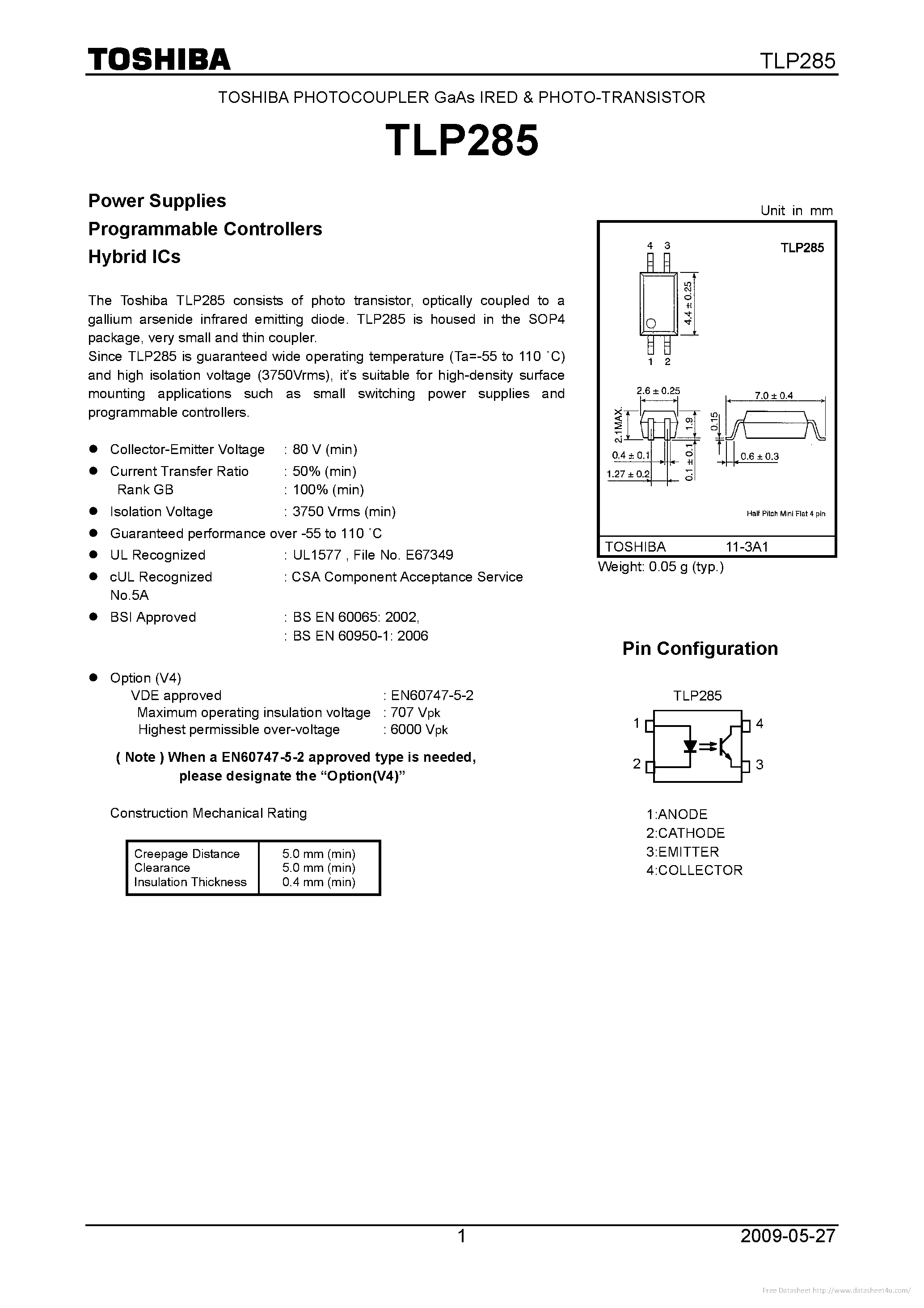 Datasheet TLP285 page 1 Datasheet TLP285 - page 1