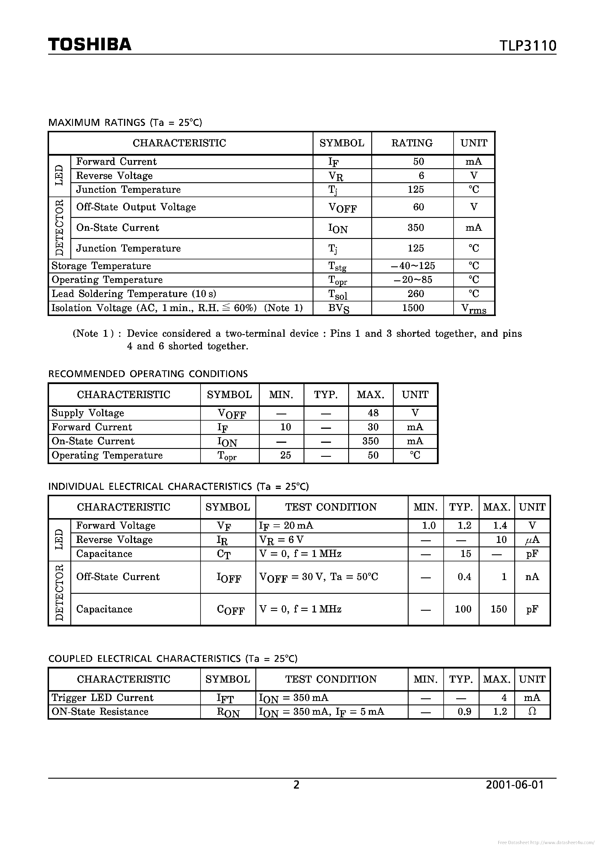 Datasheet TLP3110 page 2 Datasheet TLP3110 - page 2