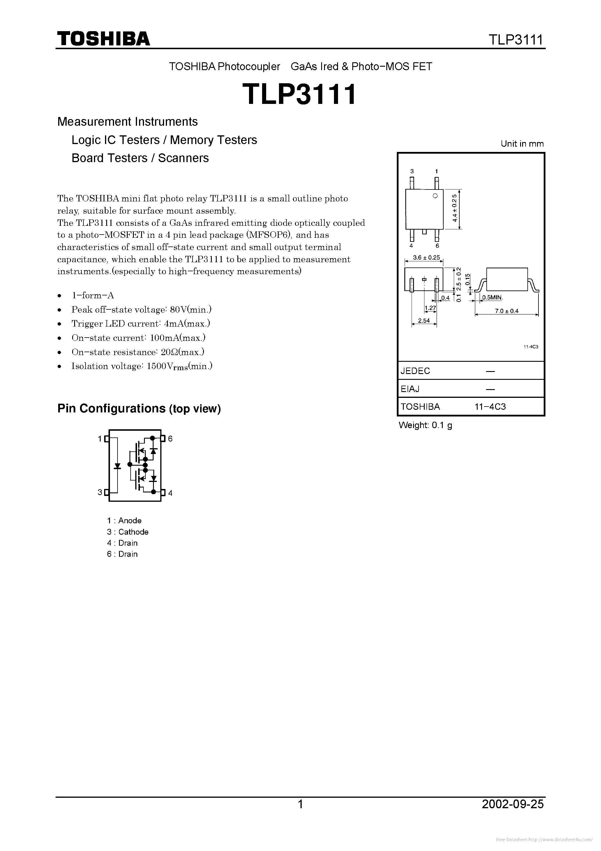 Datasheet TLP3111 page 1 Datasheet TLP3111 - page 1