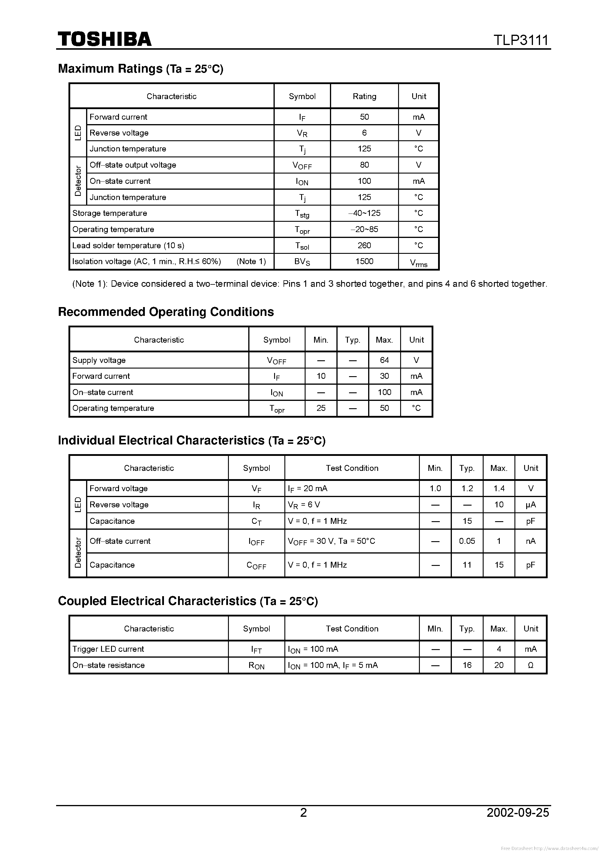 Datasheet TLP3111 page 2 Datasheet TLP3111 - page 2