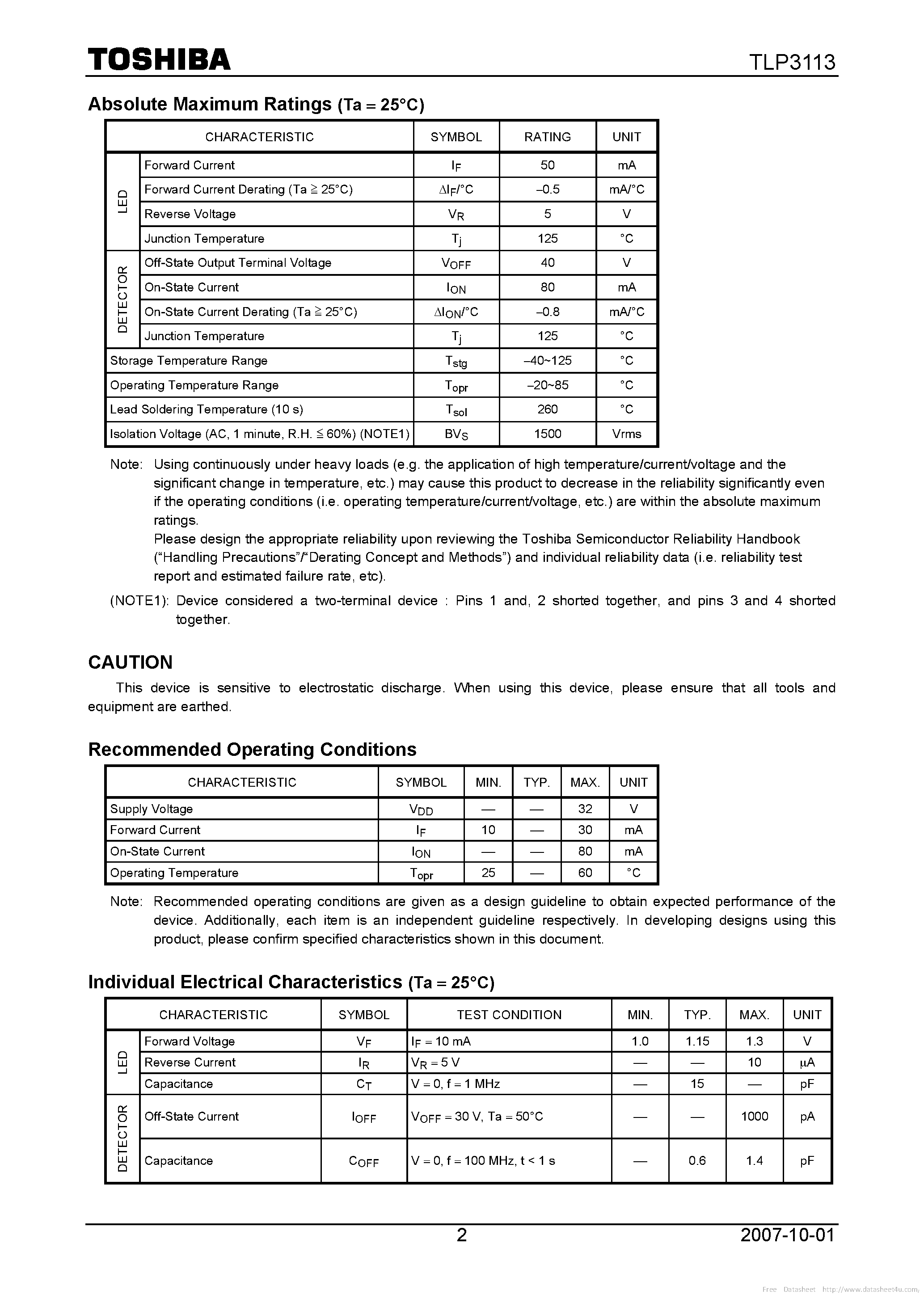 Datasheet TLP3113 page 2 Datasheet TLP3113 - page 2