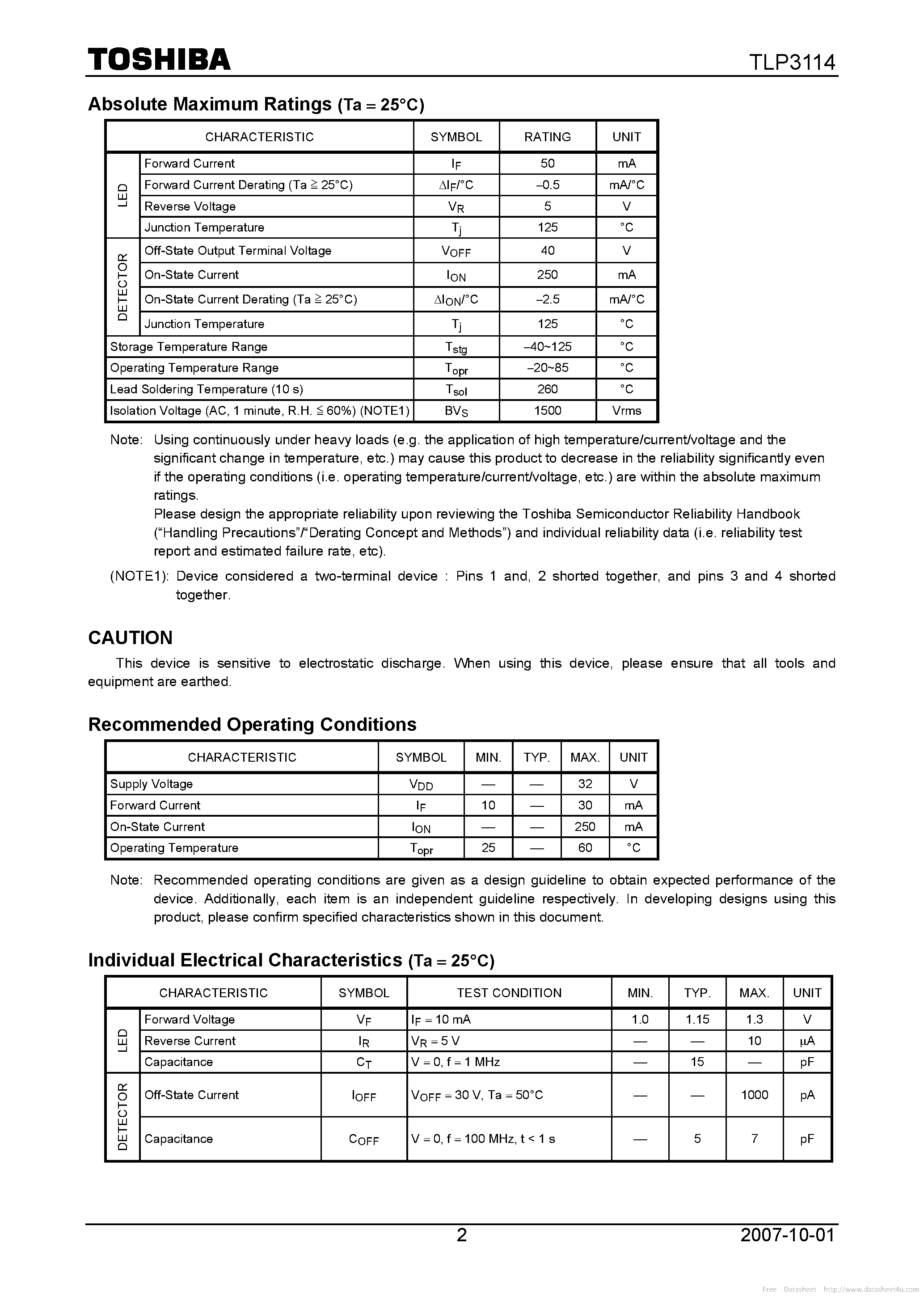 Datasheet TLP3114 page 2 Datasheet TLP3114 - page 2