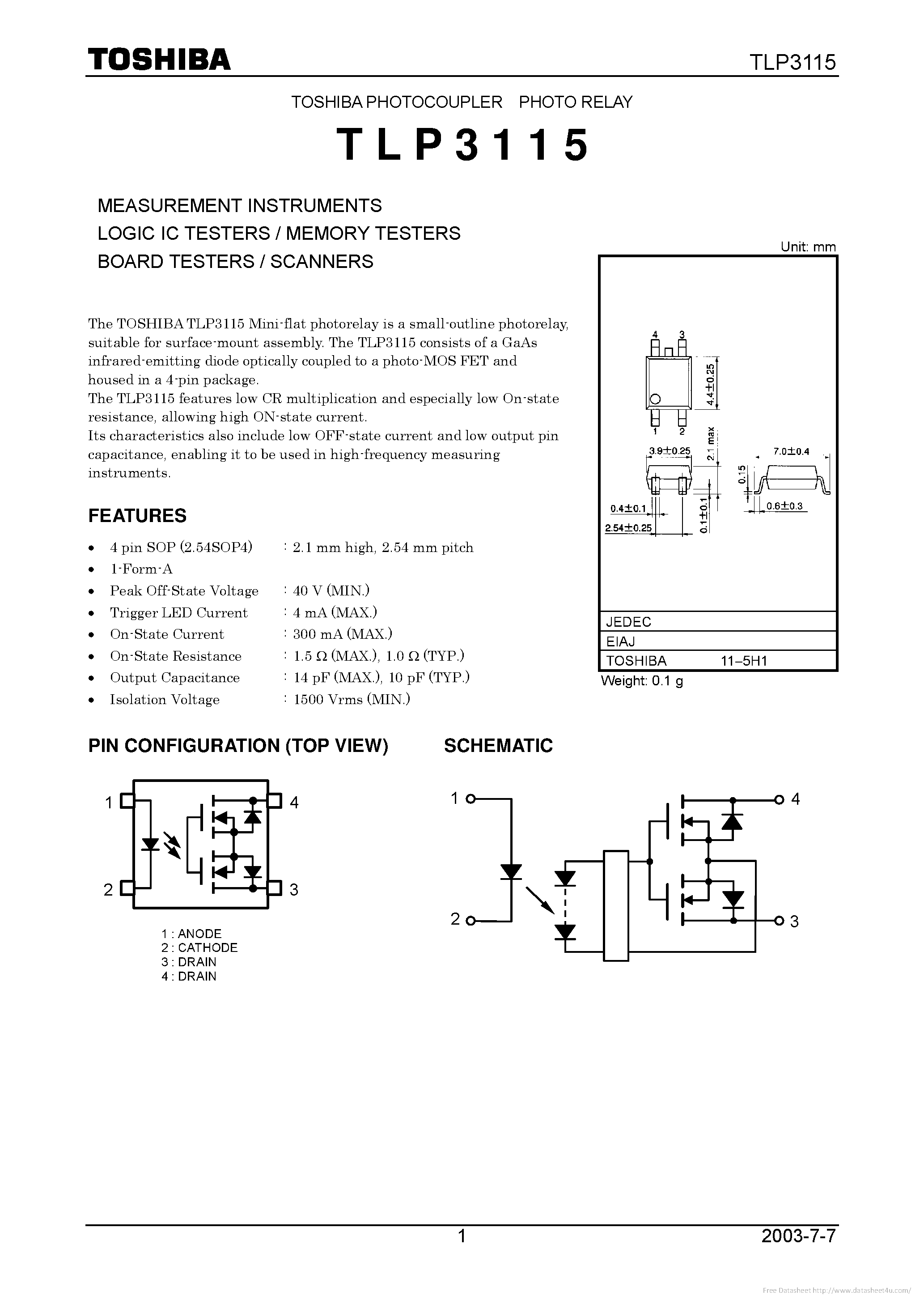 Даташит на микросхему TLP3115 страница 1 Даташит TLP3115 - страница 1