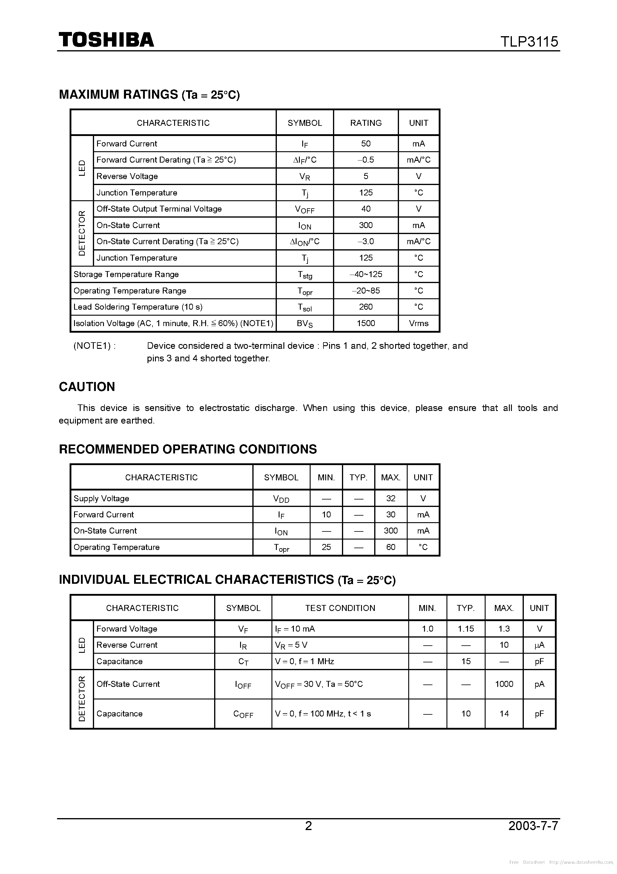 Даташит на микросхему TLP3115 страница 2 Даташит TLP3115 - страница 2