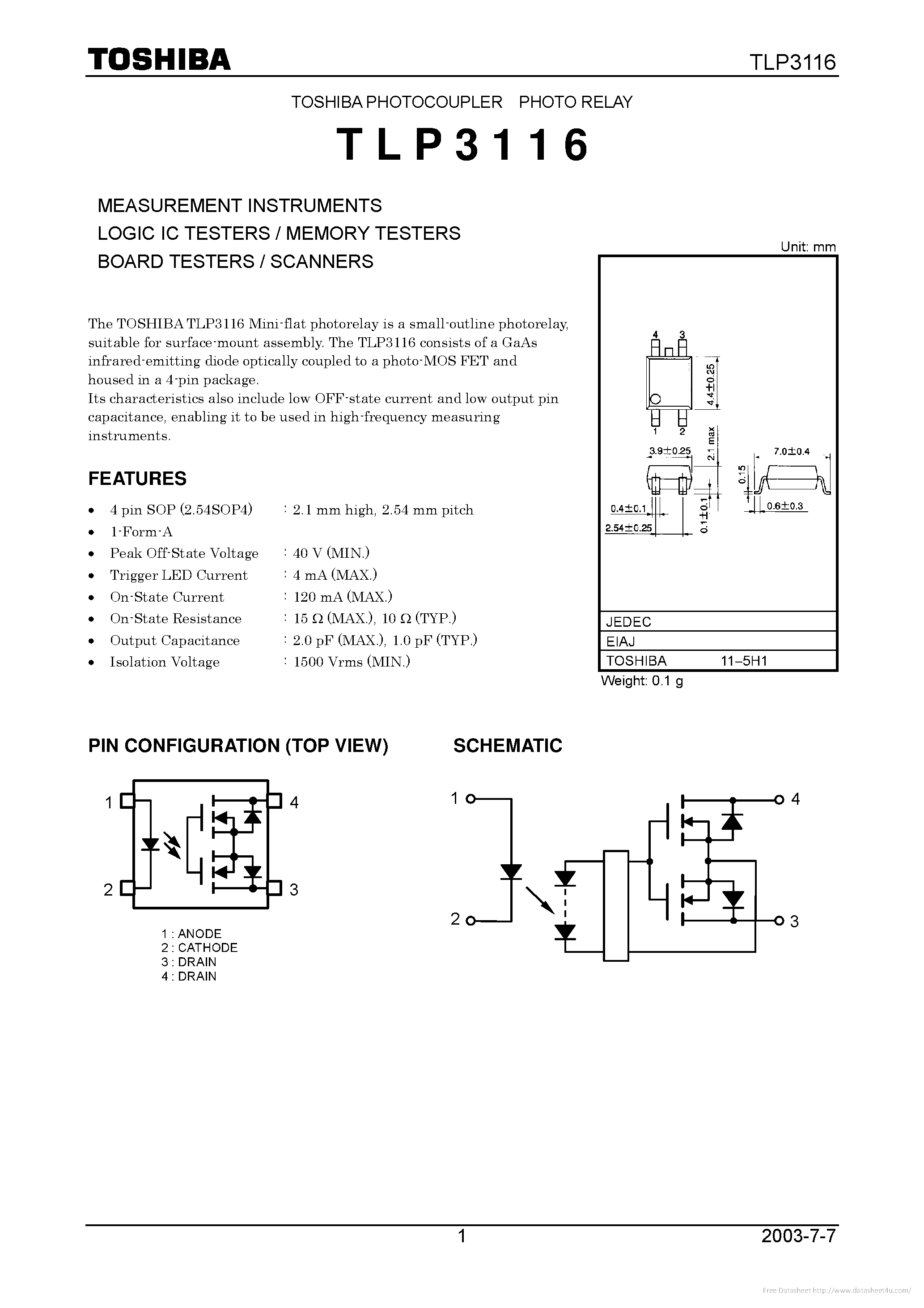 Даташит на микросхему TLP3116 страница 1 Даташит TLP3116 - страница 1