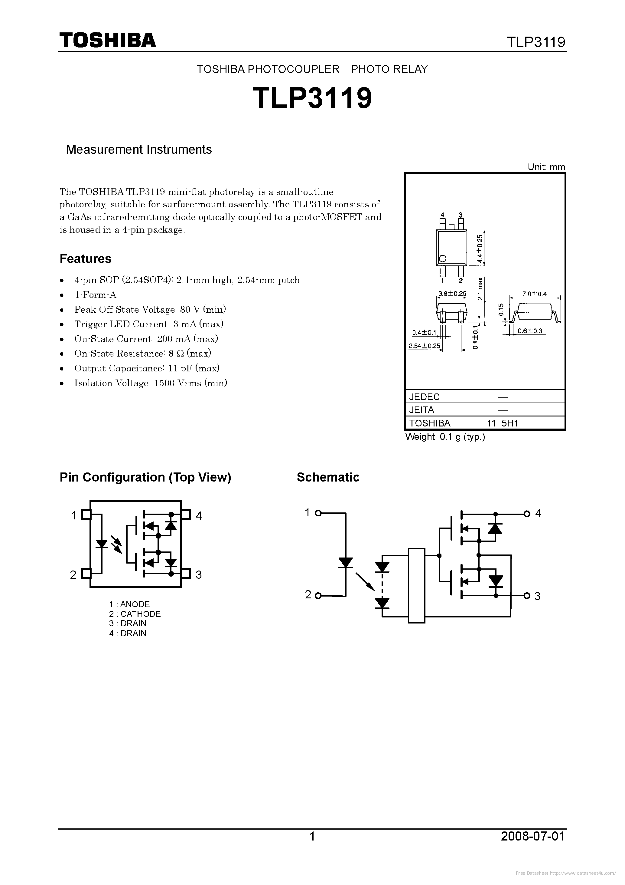 Даташит на микросхему TLP3119 страница 1 Даташит TLP3119 - страница 1
