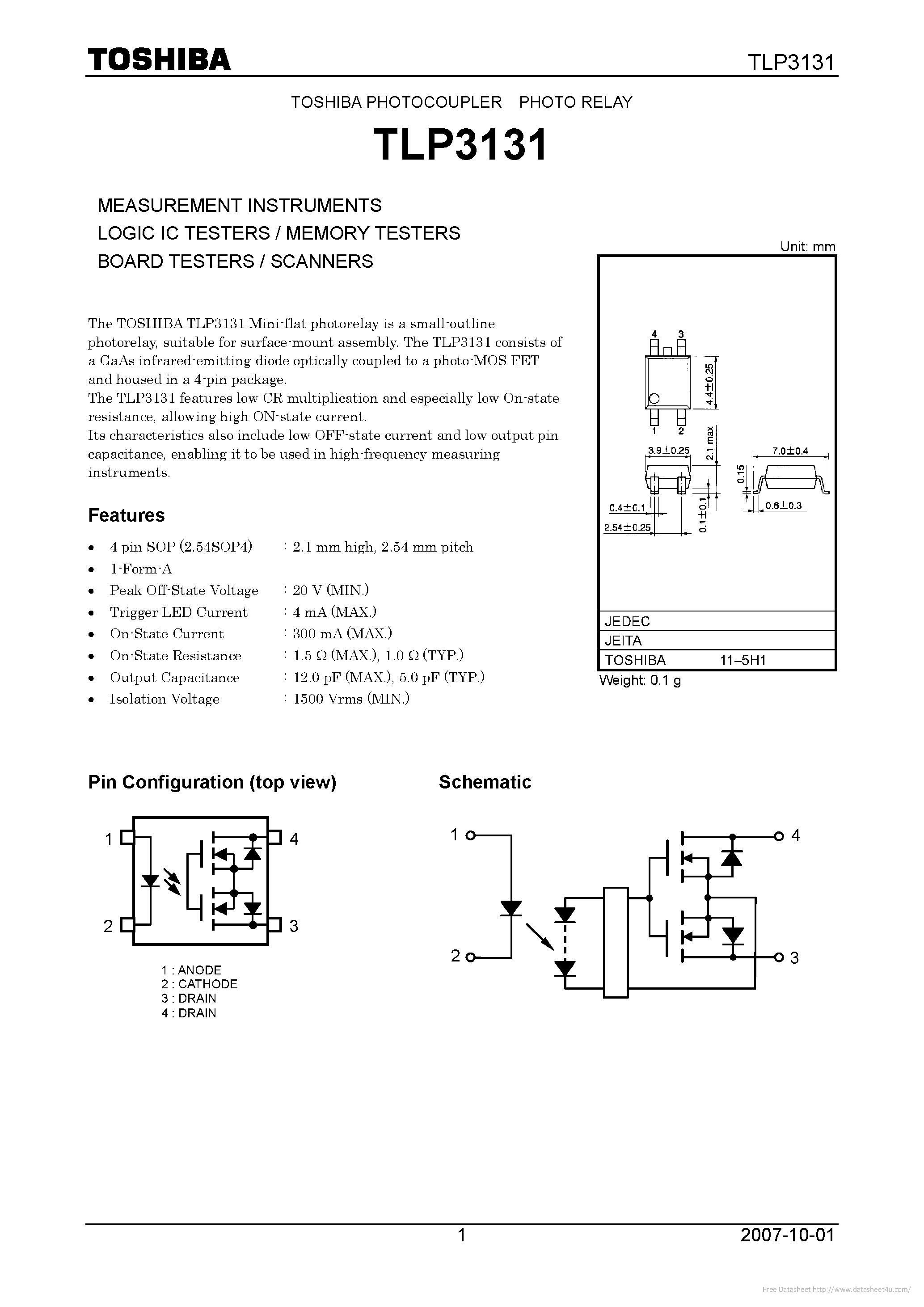 Даташит на микросхему TLP3131 страница 1 Даташит TLP3131 - страница 1