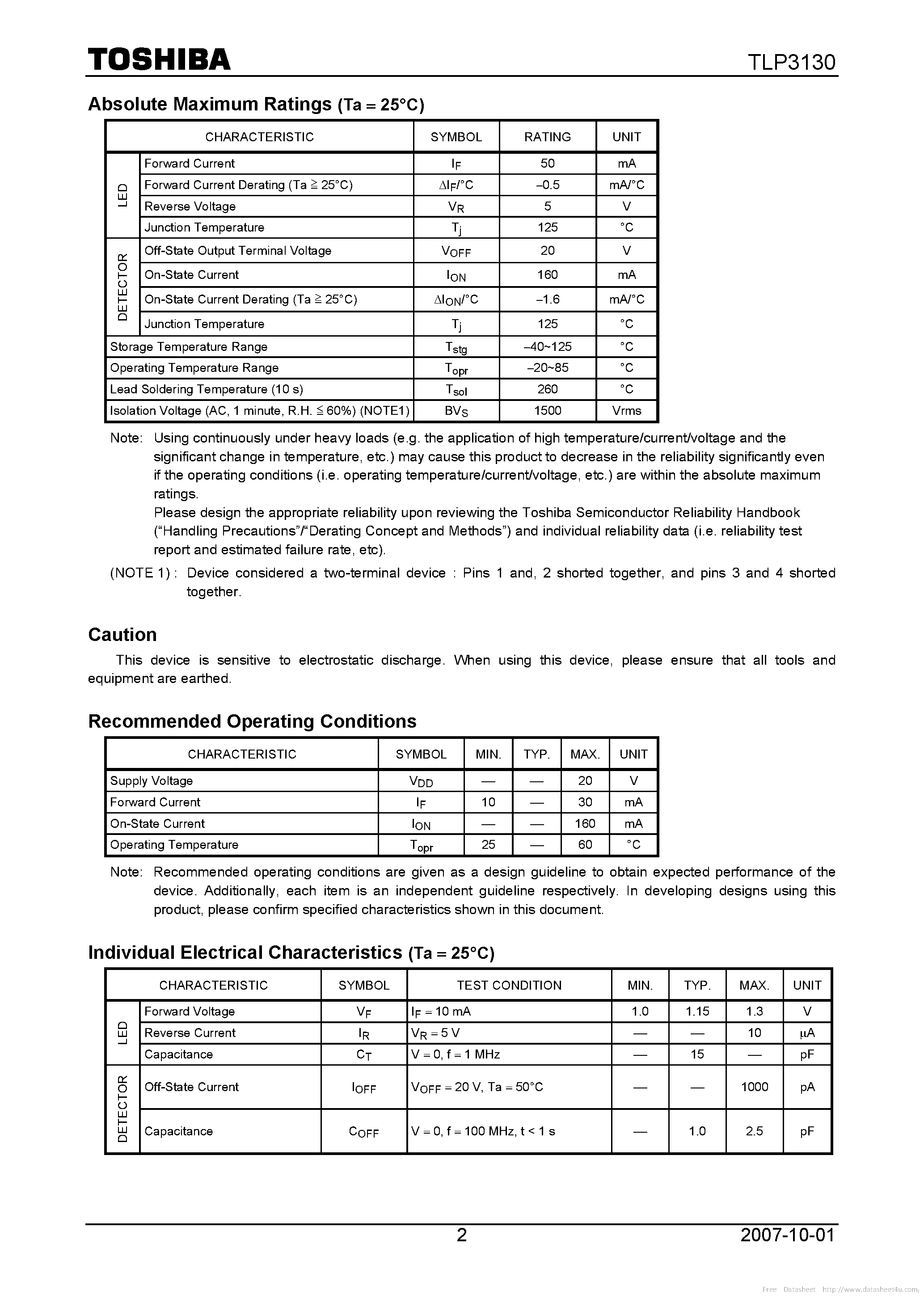 Даташит на микросхему TLP3130 страница 2 Даташит TLP3130 - страница 2
