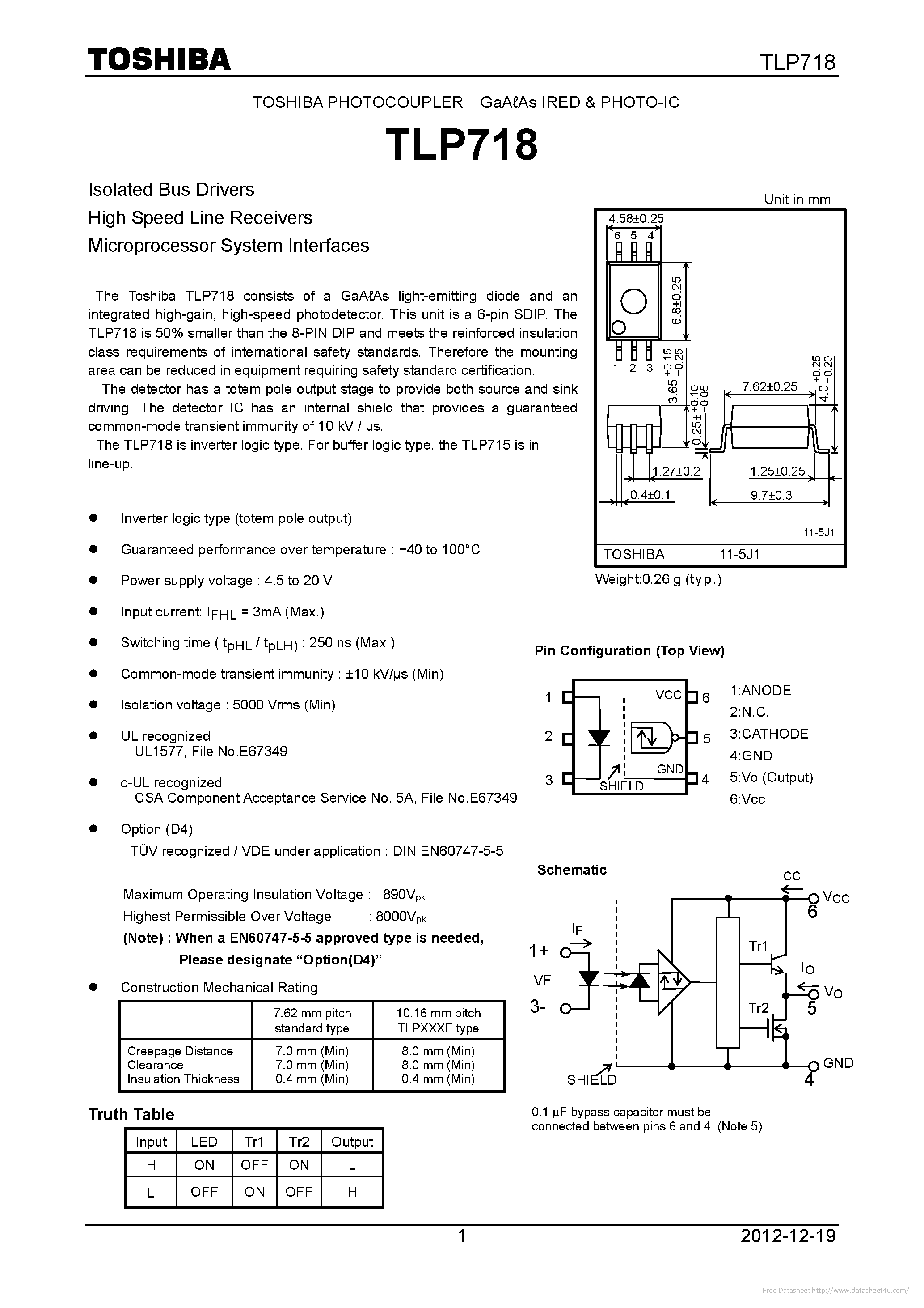 Datasheet TLP718 page 1 Datasheet TLP718 - page 1