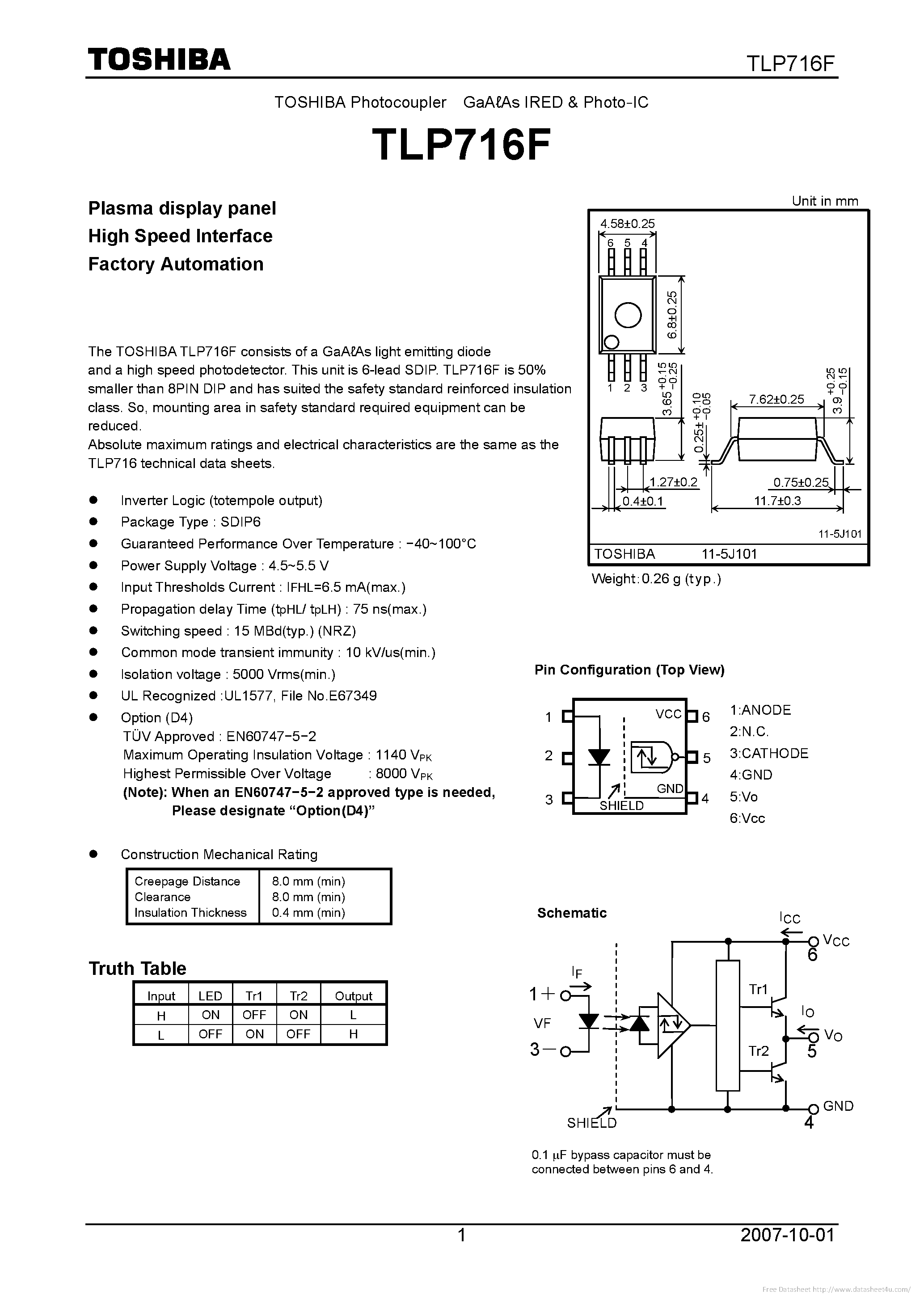 Datasheet TLP716F page 1 Datasheet TLP716F - page 1