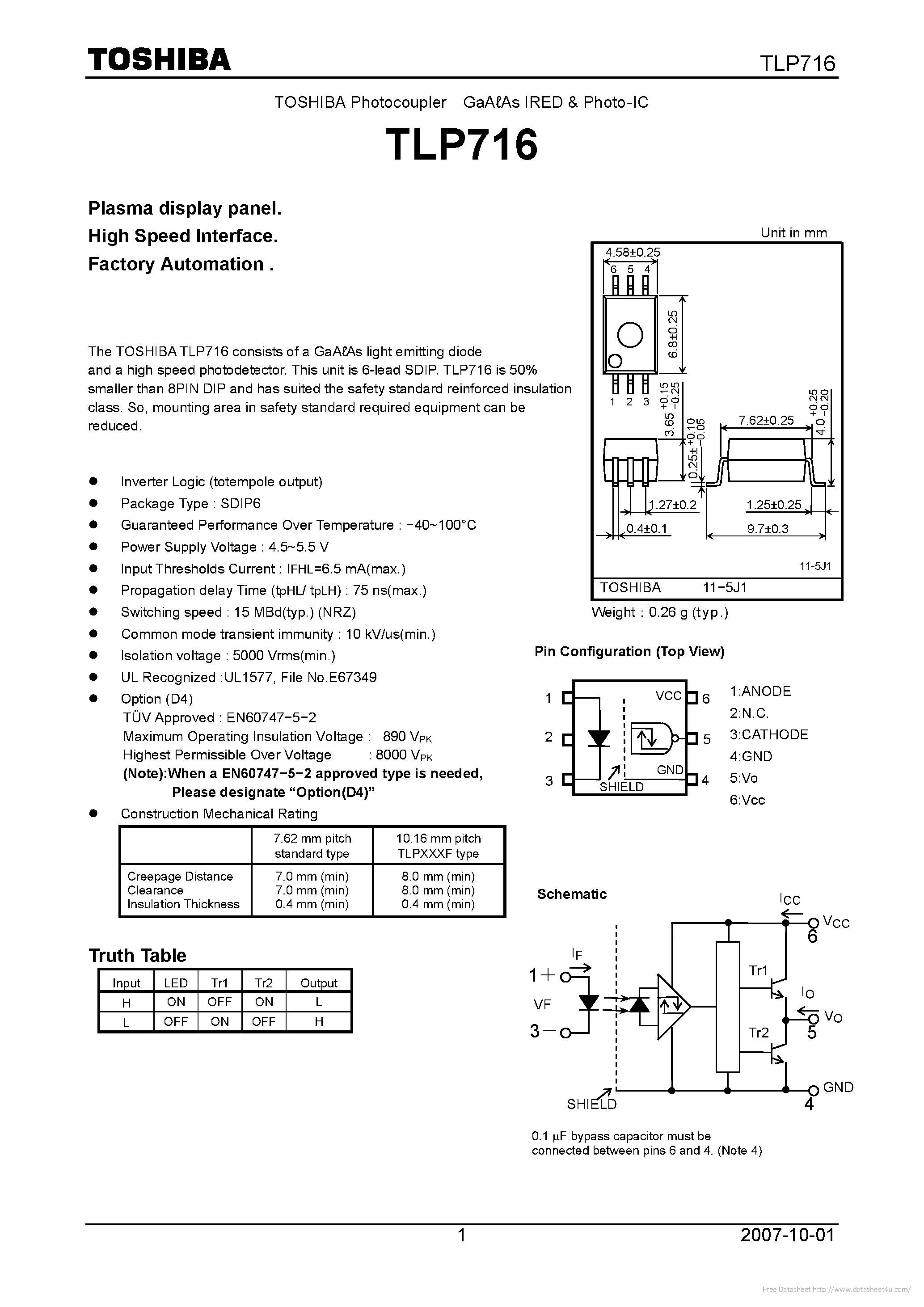 Datasheet TLP716 page 1 Datasheet TLP716 - page 1
