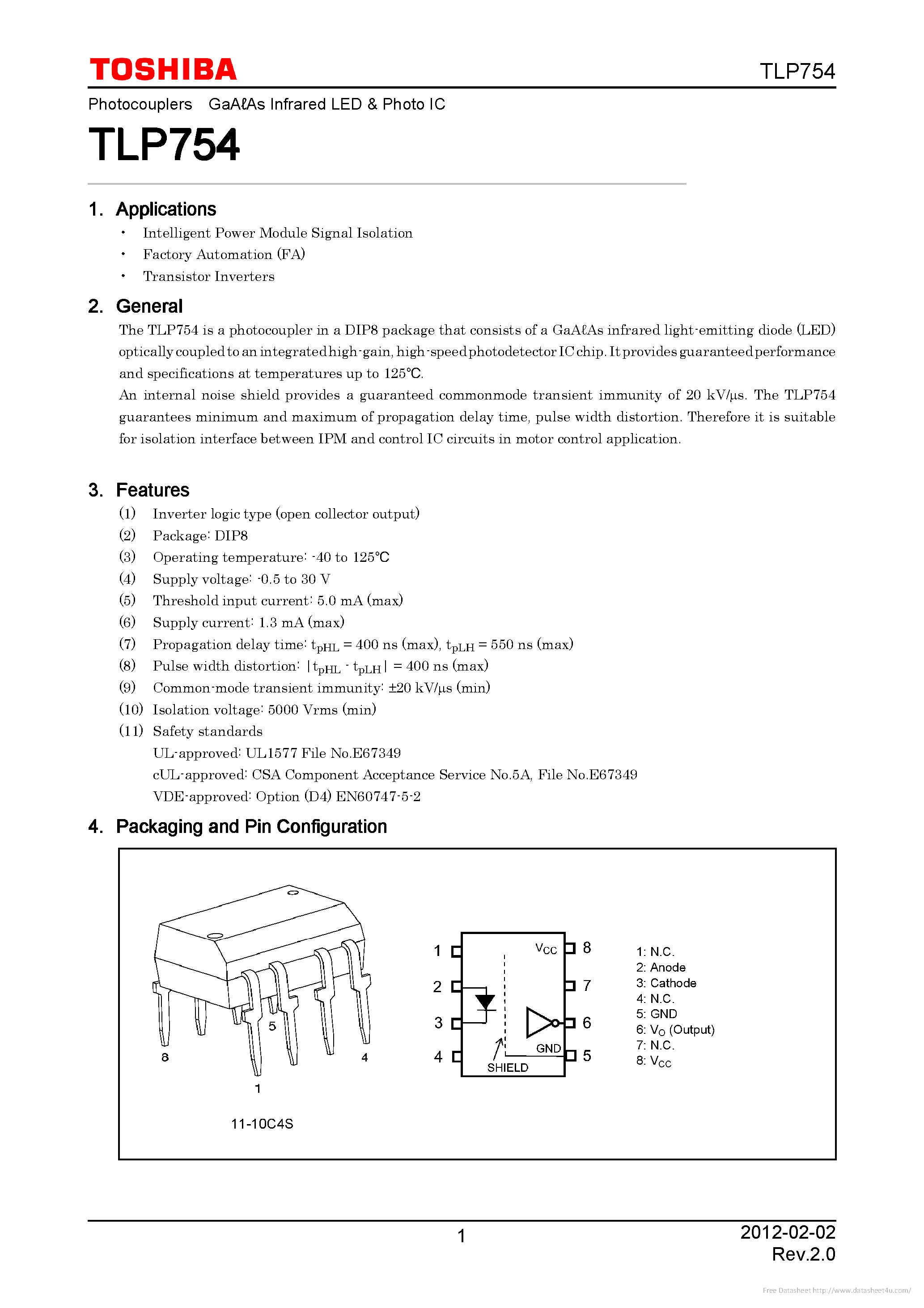 Даташит на микросхему TLP754 страница 1 Даташит TLP754 - страница 1
