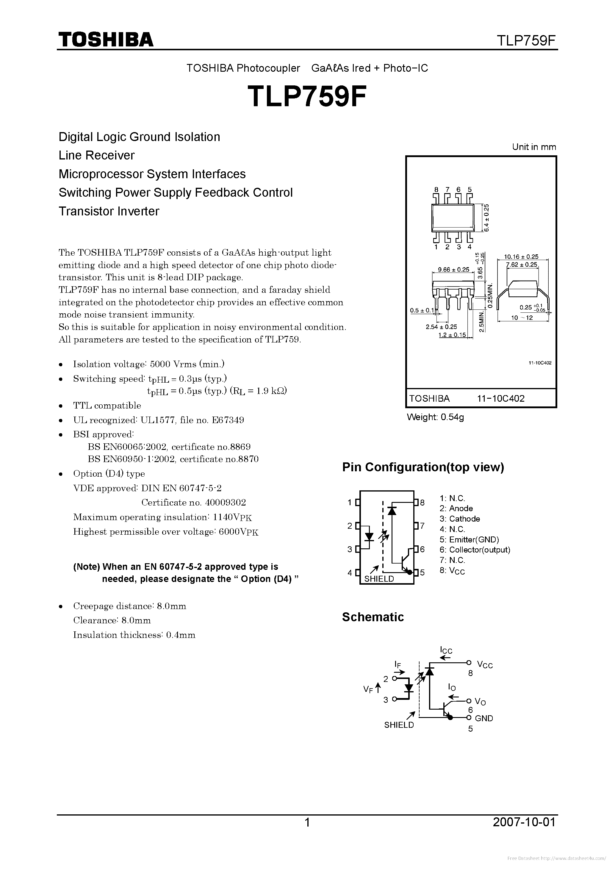 Даташит на микросхему TLP759F страница 1 Даташит TLP759F - страница 1