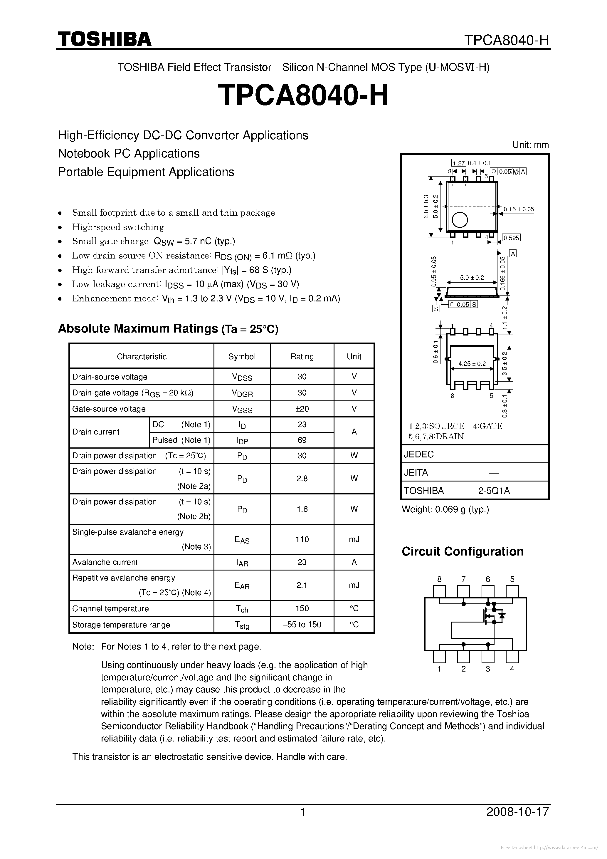 Datasheet TPCA8040-H - page 1