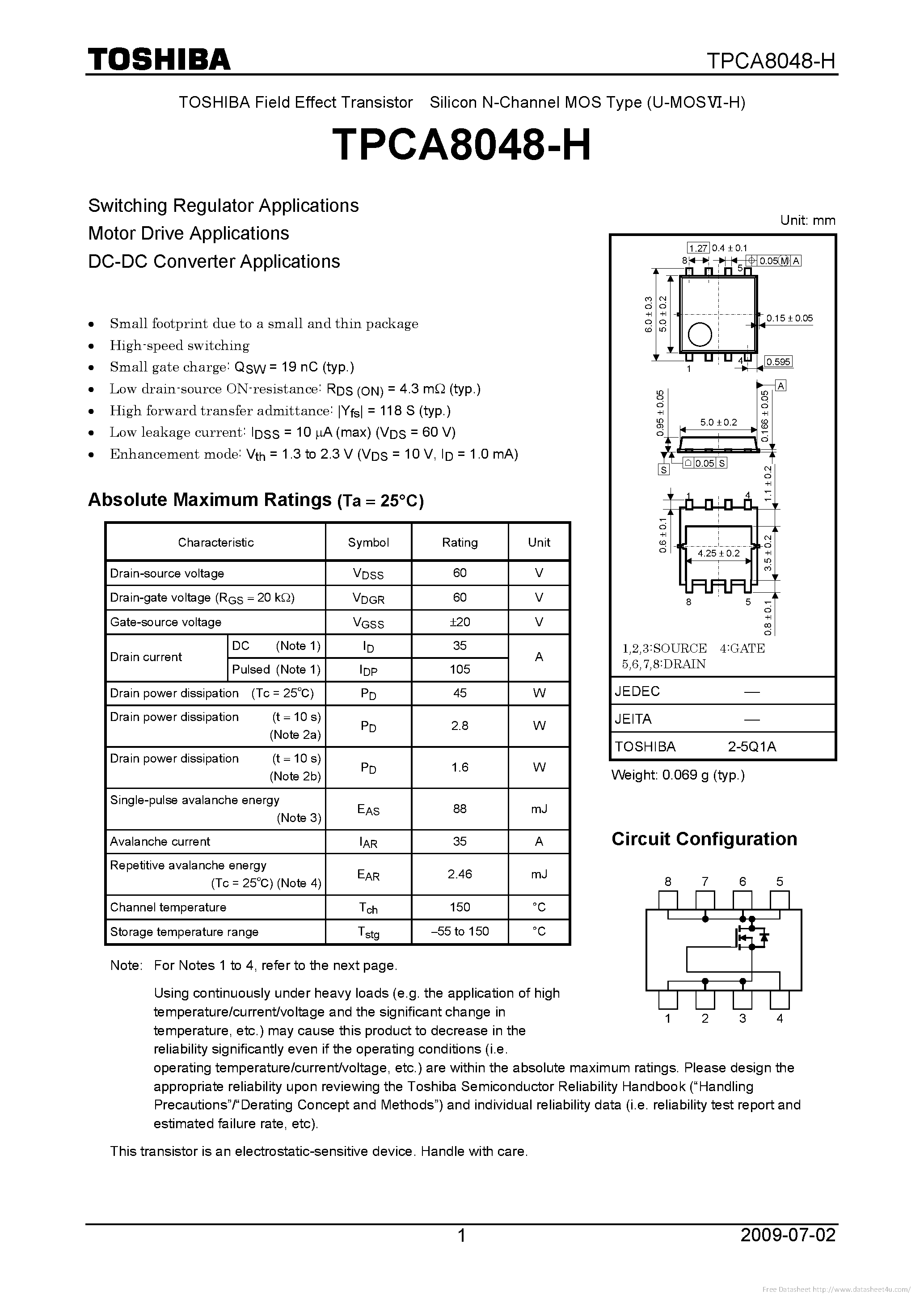 Datasheet TPCA8048-H - page 1
