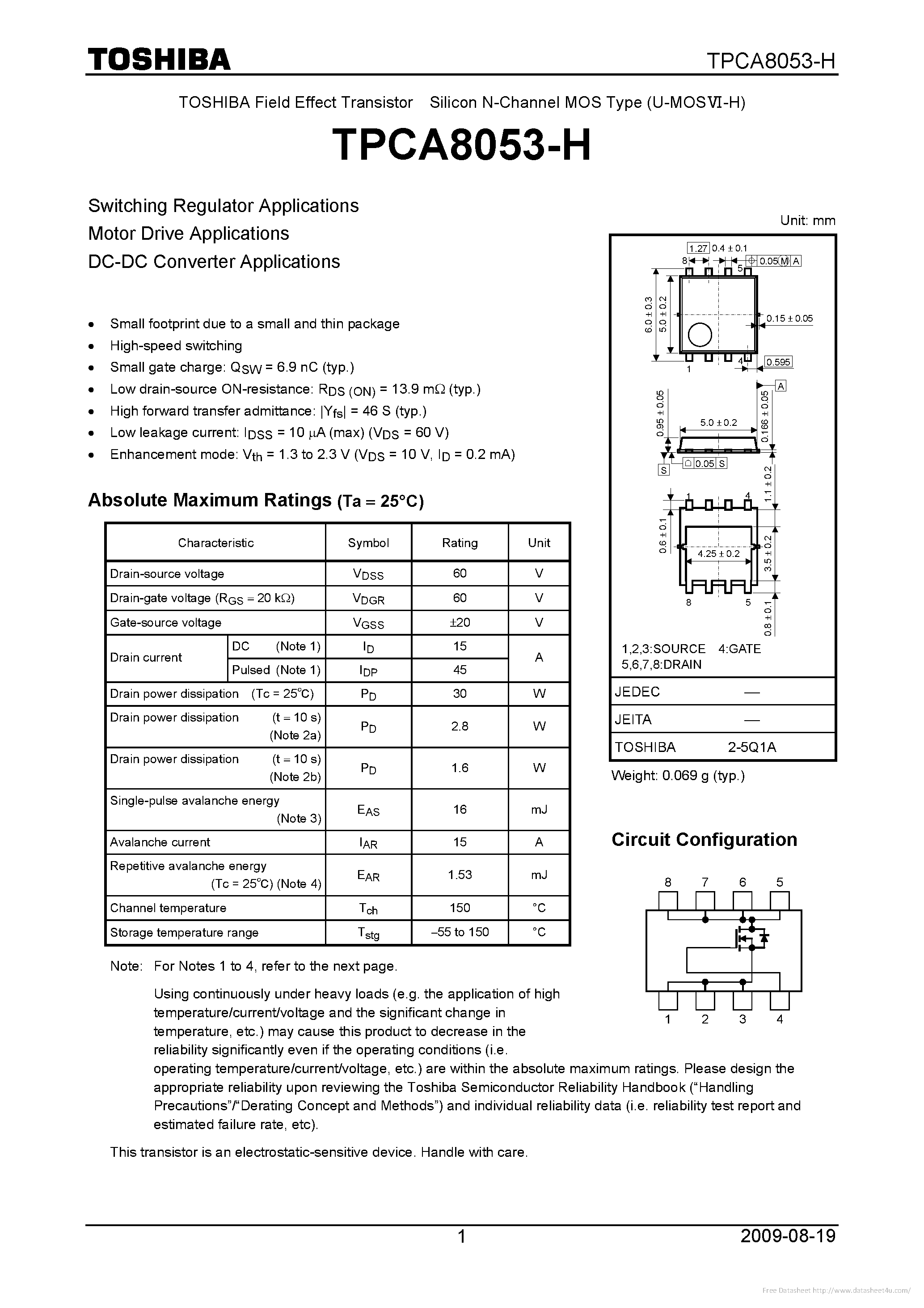 Datasheet TPCA8053-H page 1 Datasheet TPCA8053-H - page 1
