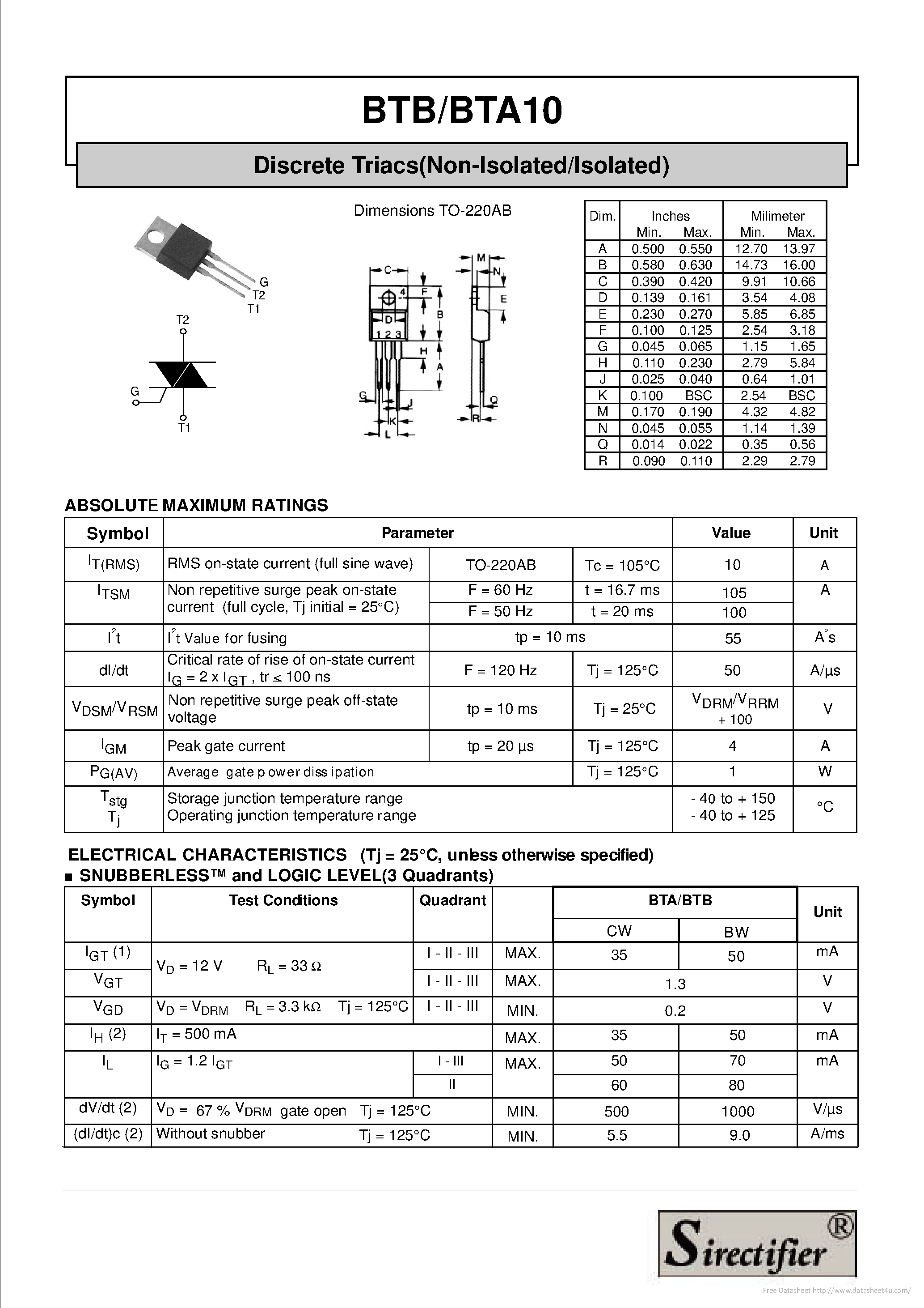 Даташит на микросхему BTA10 страница 1 Даташит BTA10 - страница 1