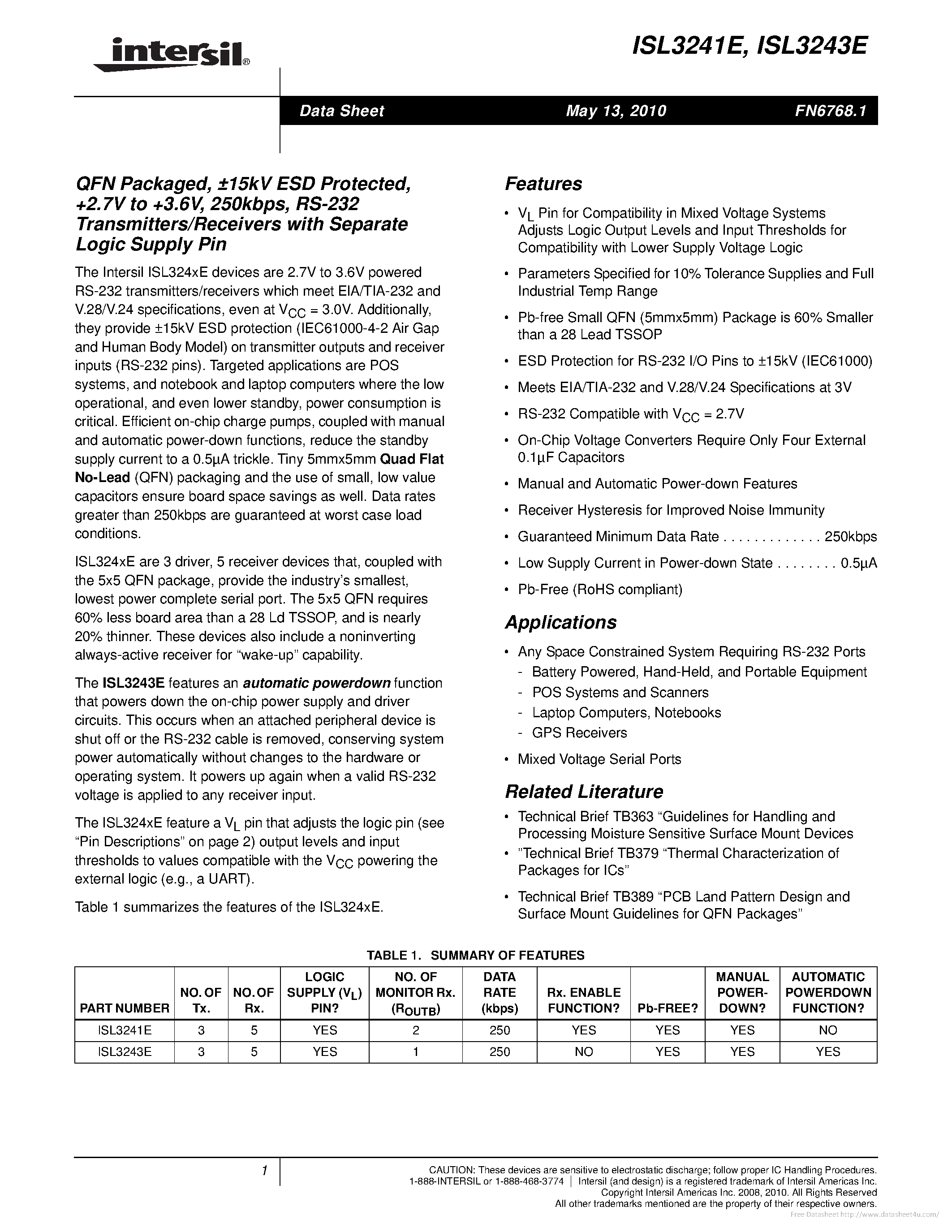 Datasheet ISL3241E page 1 Datasheet ISL3241E - page 1