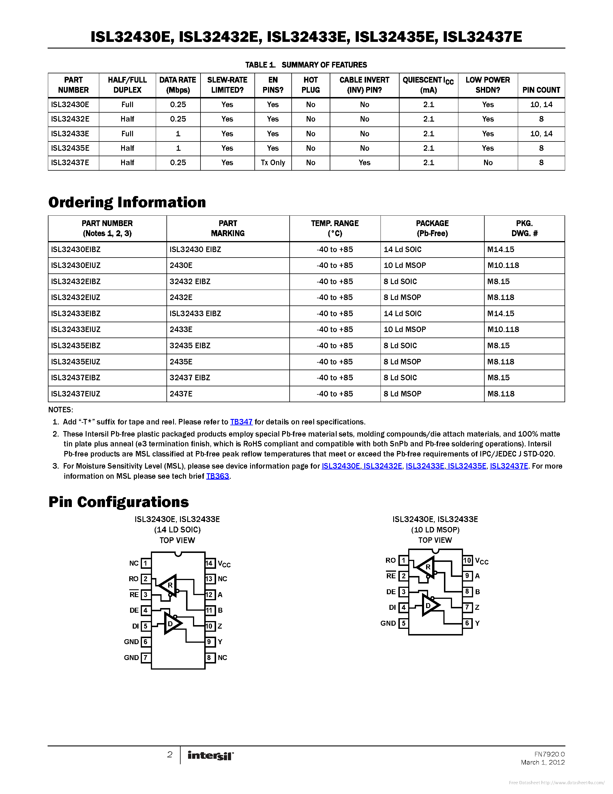 Datasheet ISL32430E page 2 Datasheet ISL32430E - page 2