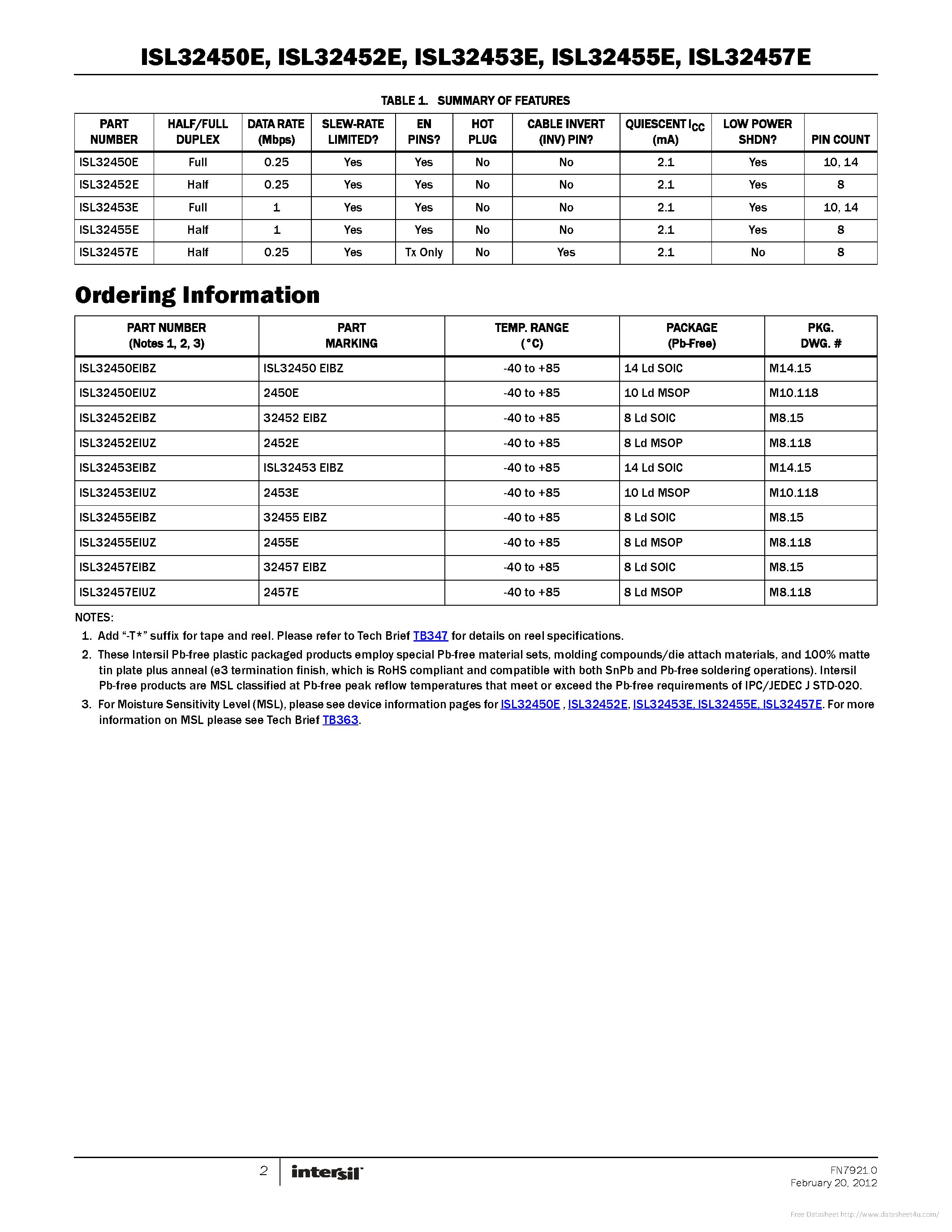Datasheet ISL32450E page 2 Datasheet ISL32450E - page 2