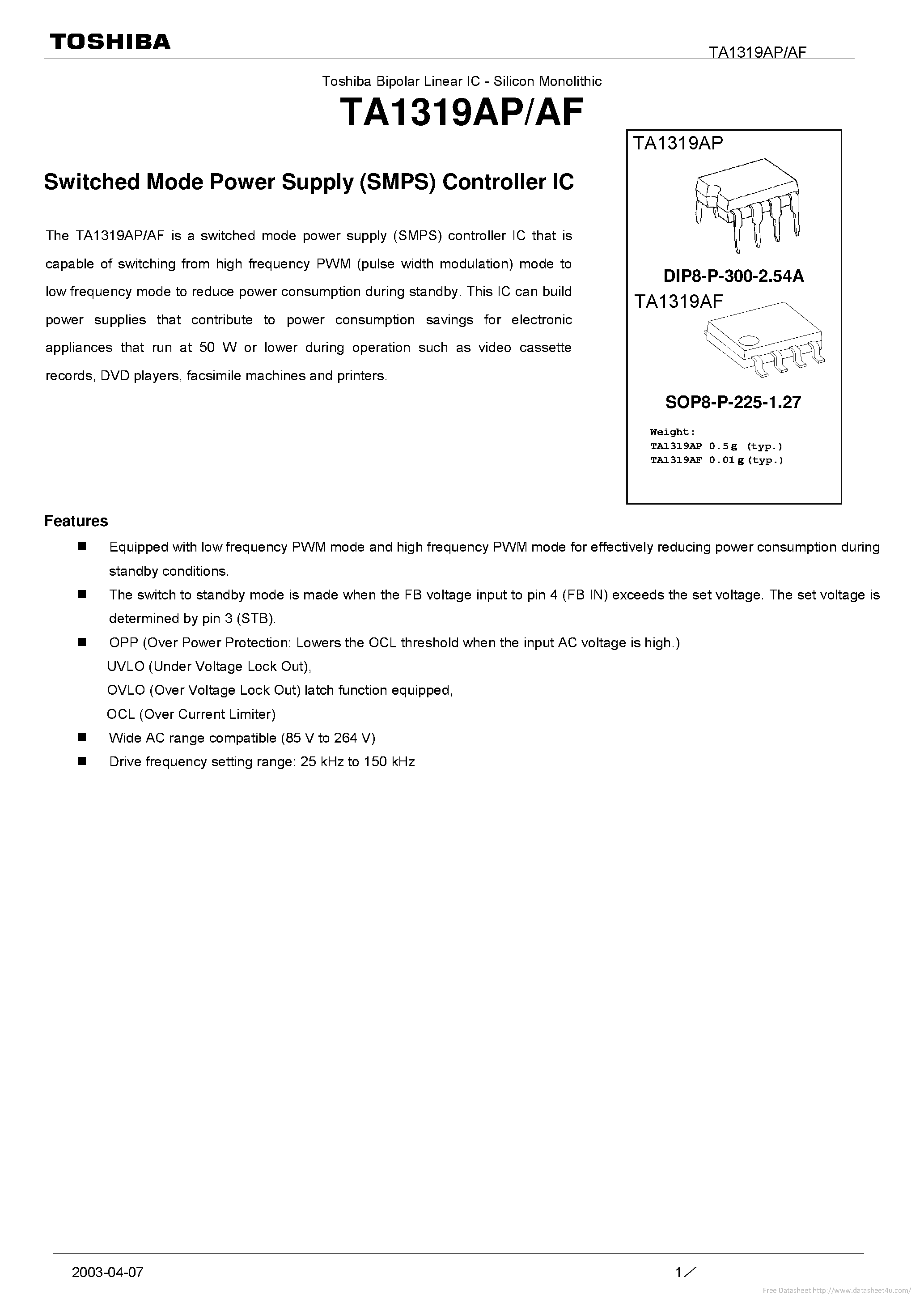 Datasheet TA1319AF page 1 Datasheet TA1319AF - page 1