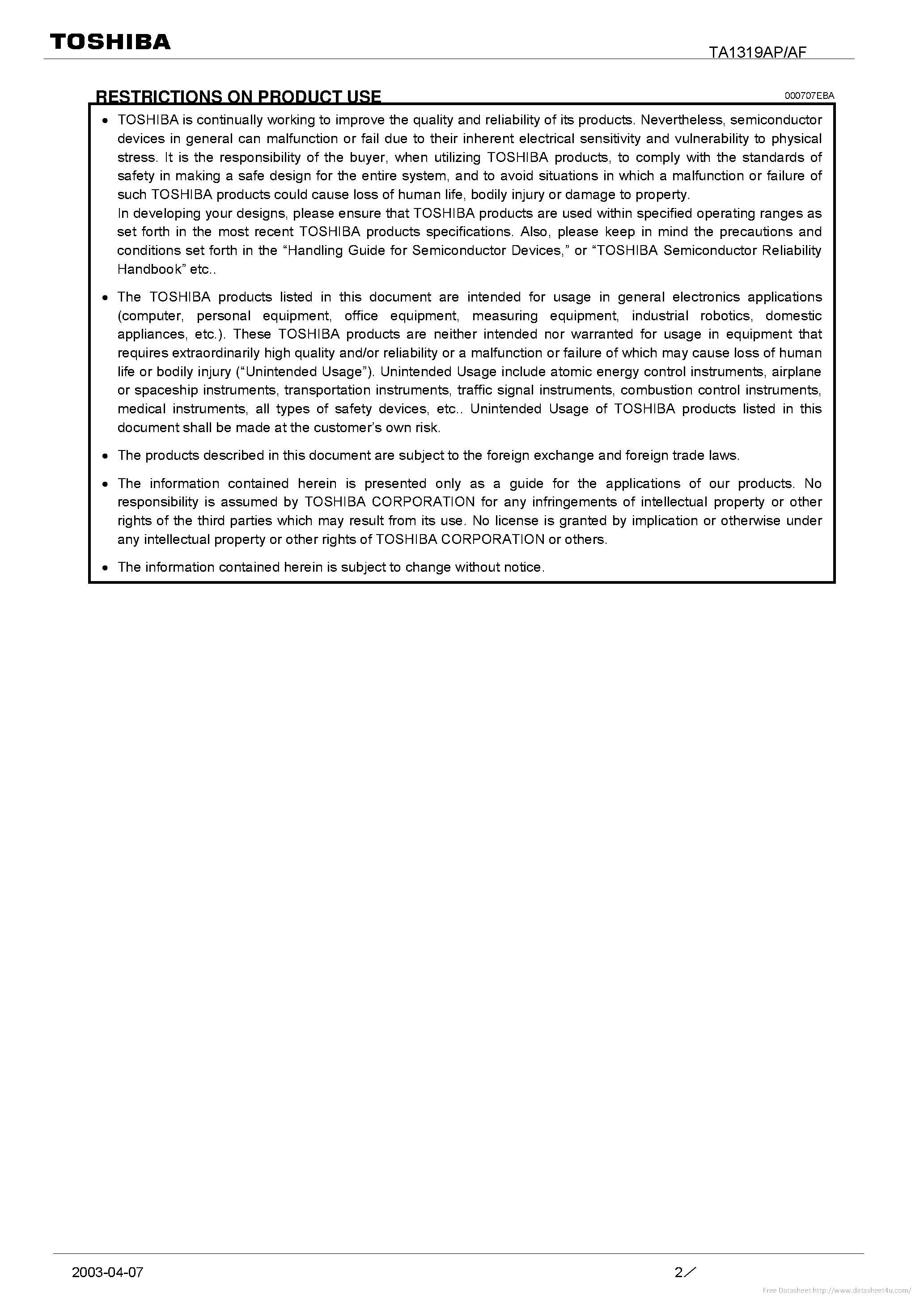 Datasheet TA1319AF page 2 Datasheet TA1319AF - page 2