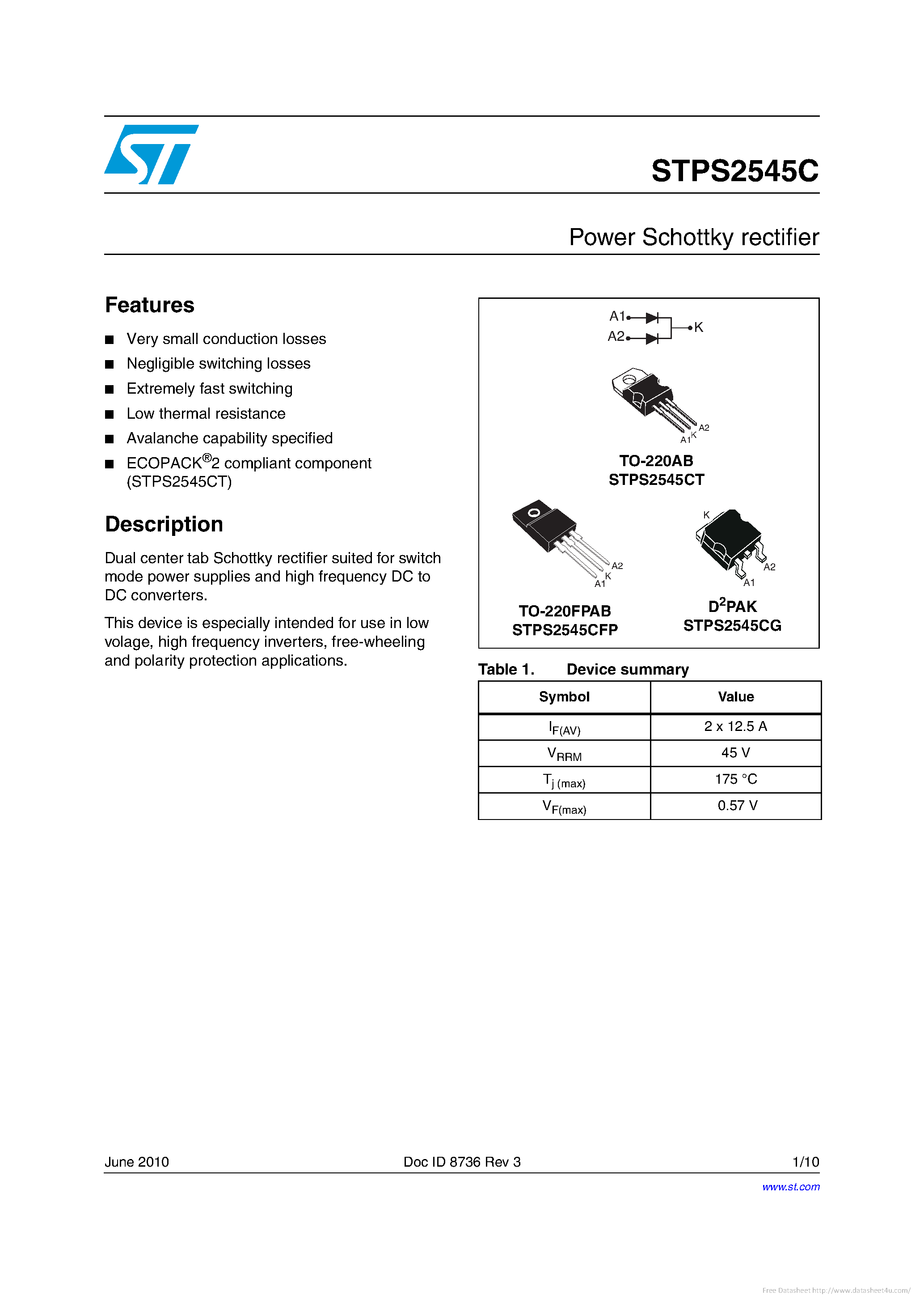 Datasheet STPS2545C - page 1